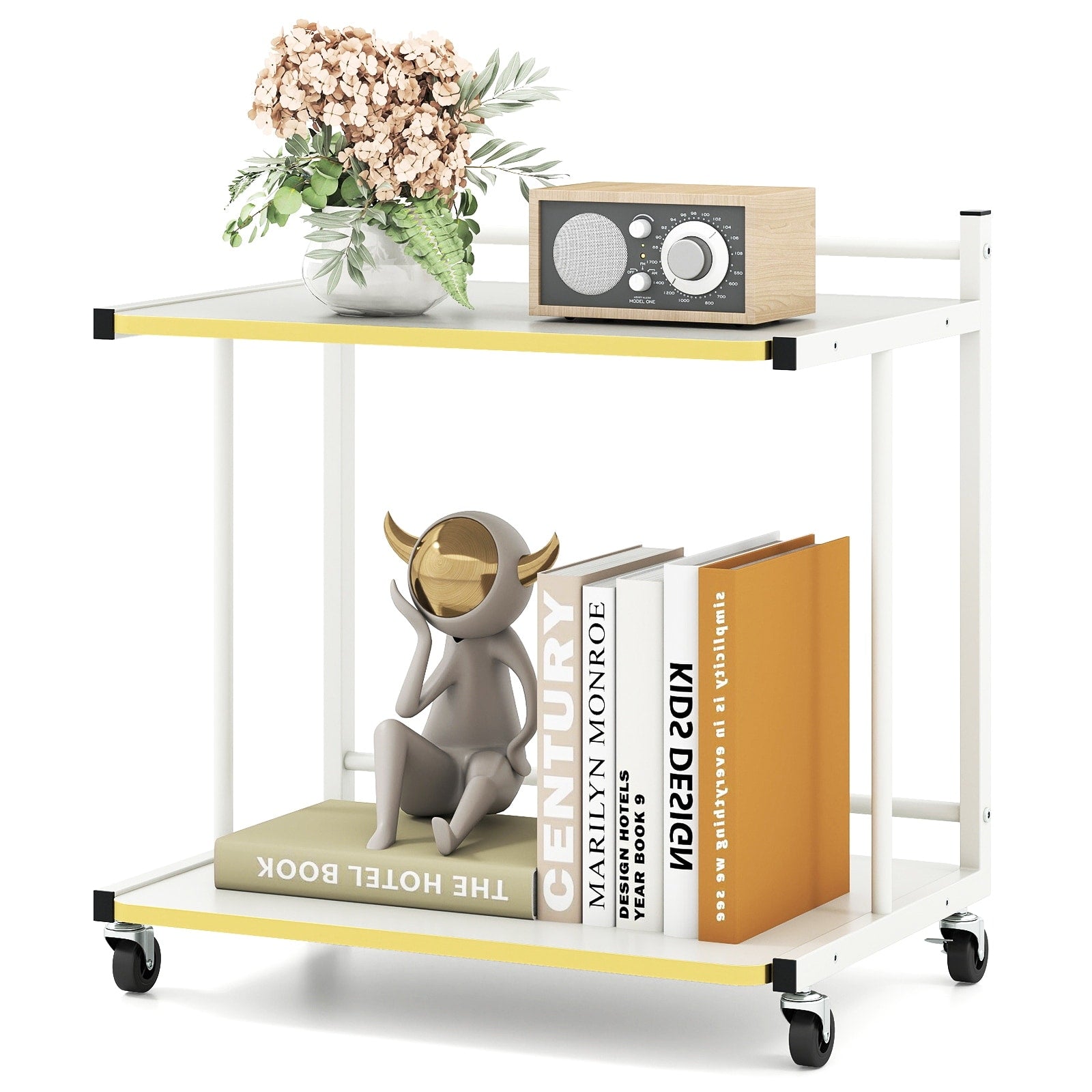 Gymax 2 Tier Mobile Side Table W Open Shelves Golden Trimmed Edges