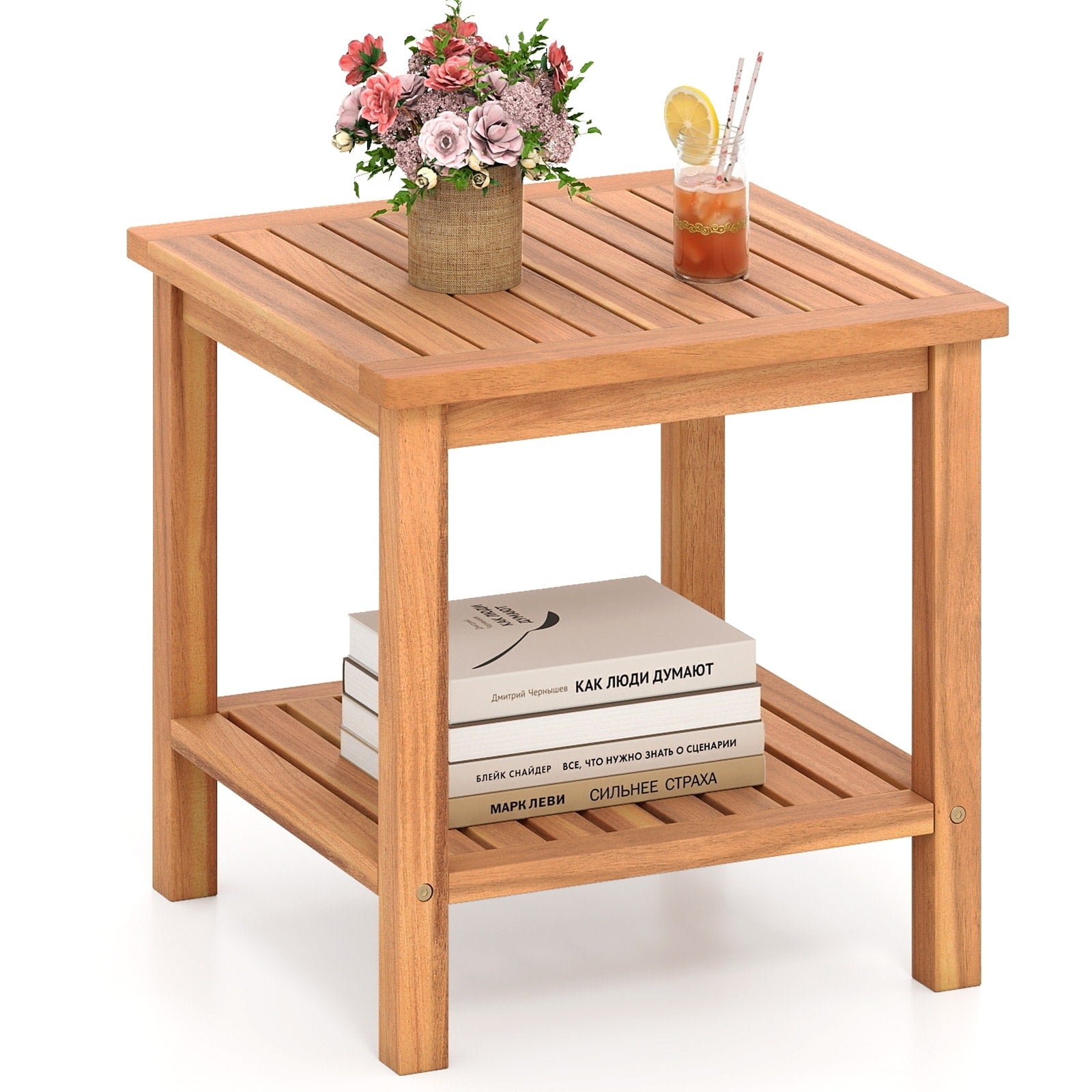 Gymax 2 Tier Patio Acacia Wood Side Table W Slatted Tabletop Storage