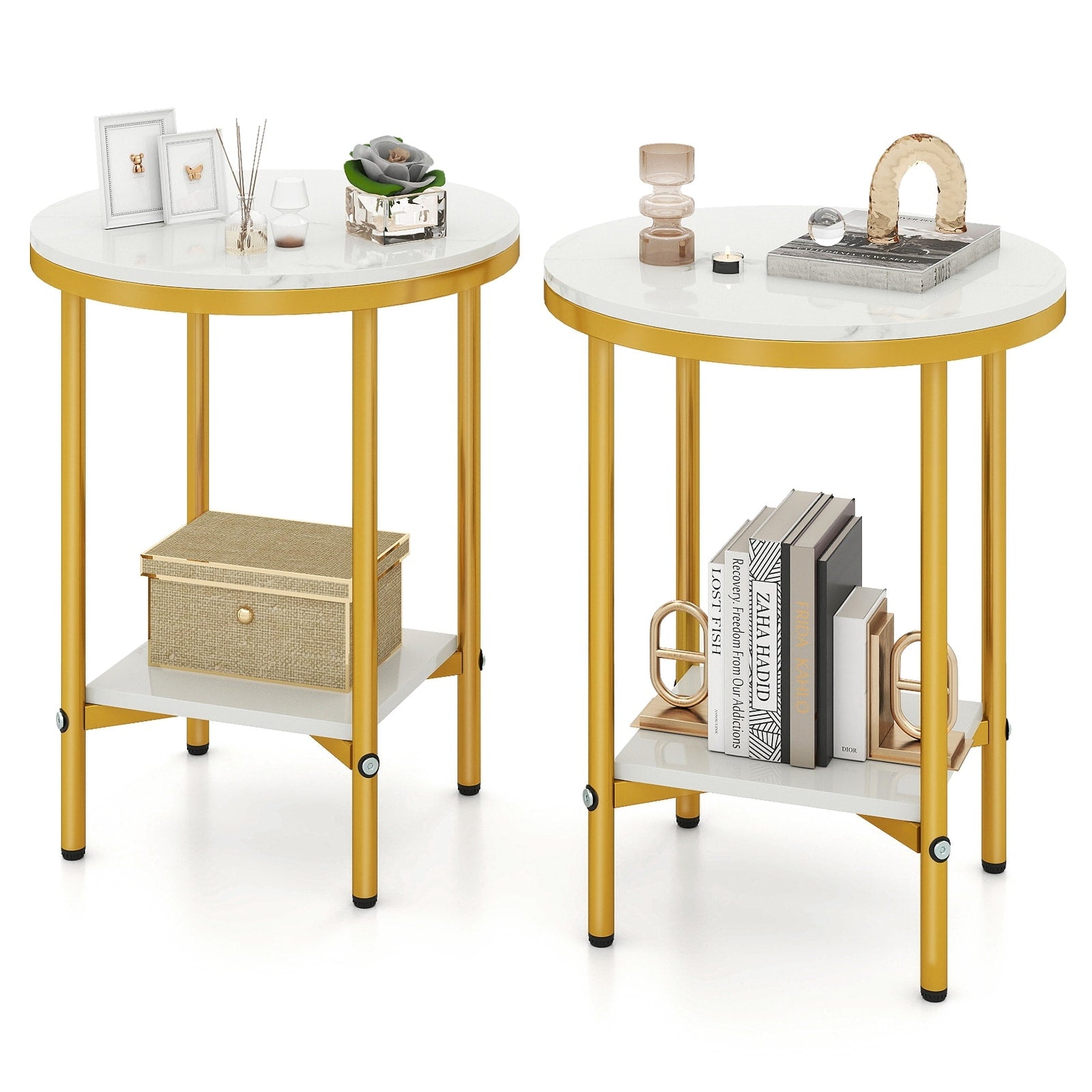Gymax 2 Tier Round Side Table Set Of 2 16 Faux Marble End Table W