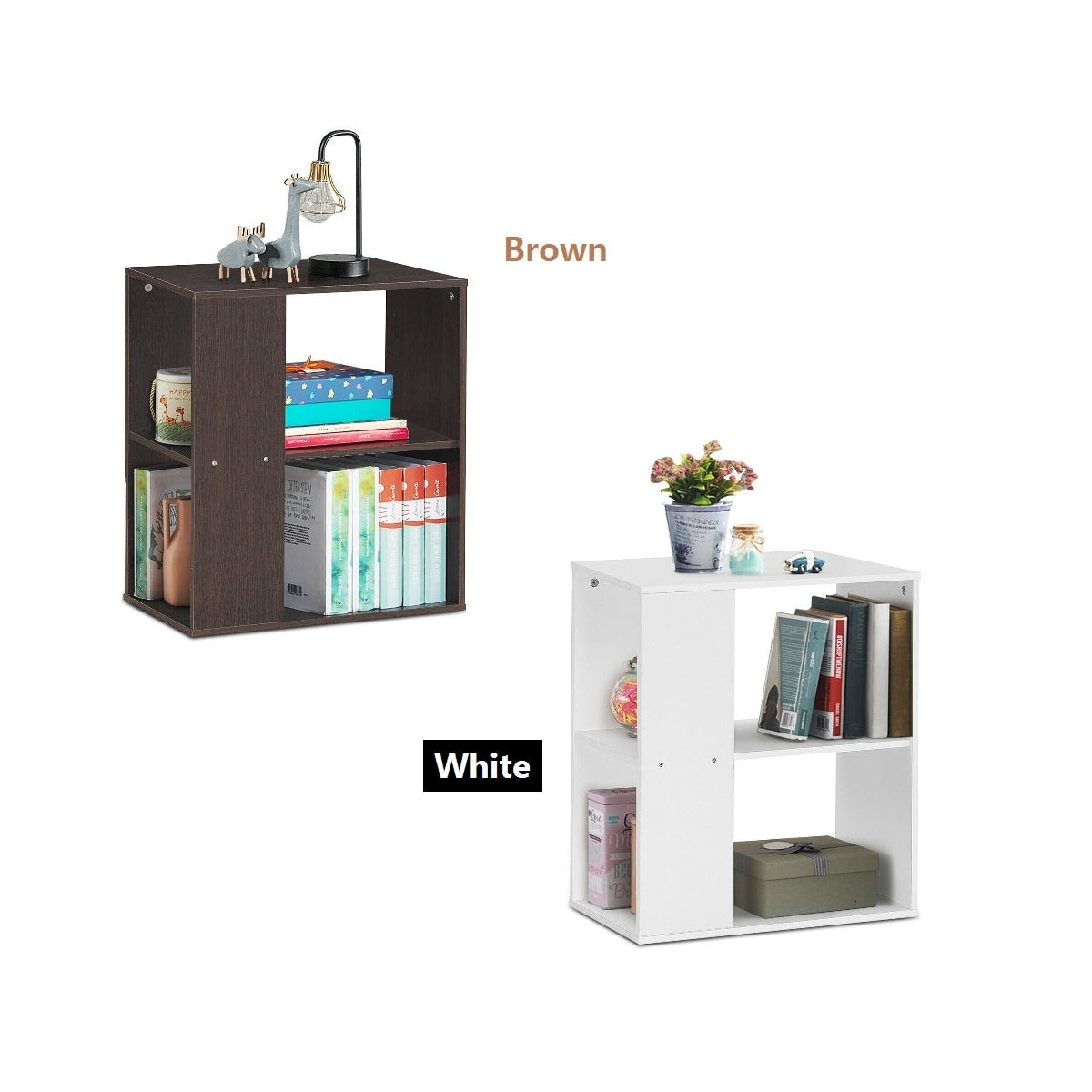 Gymax 2 Tier Side Sofa End Table Bedside Nightstand Table White Brown Home