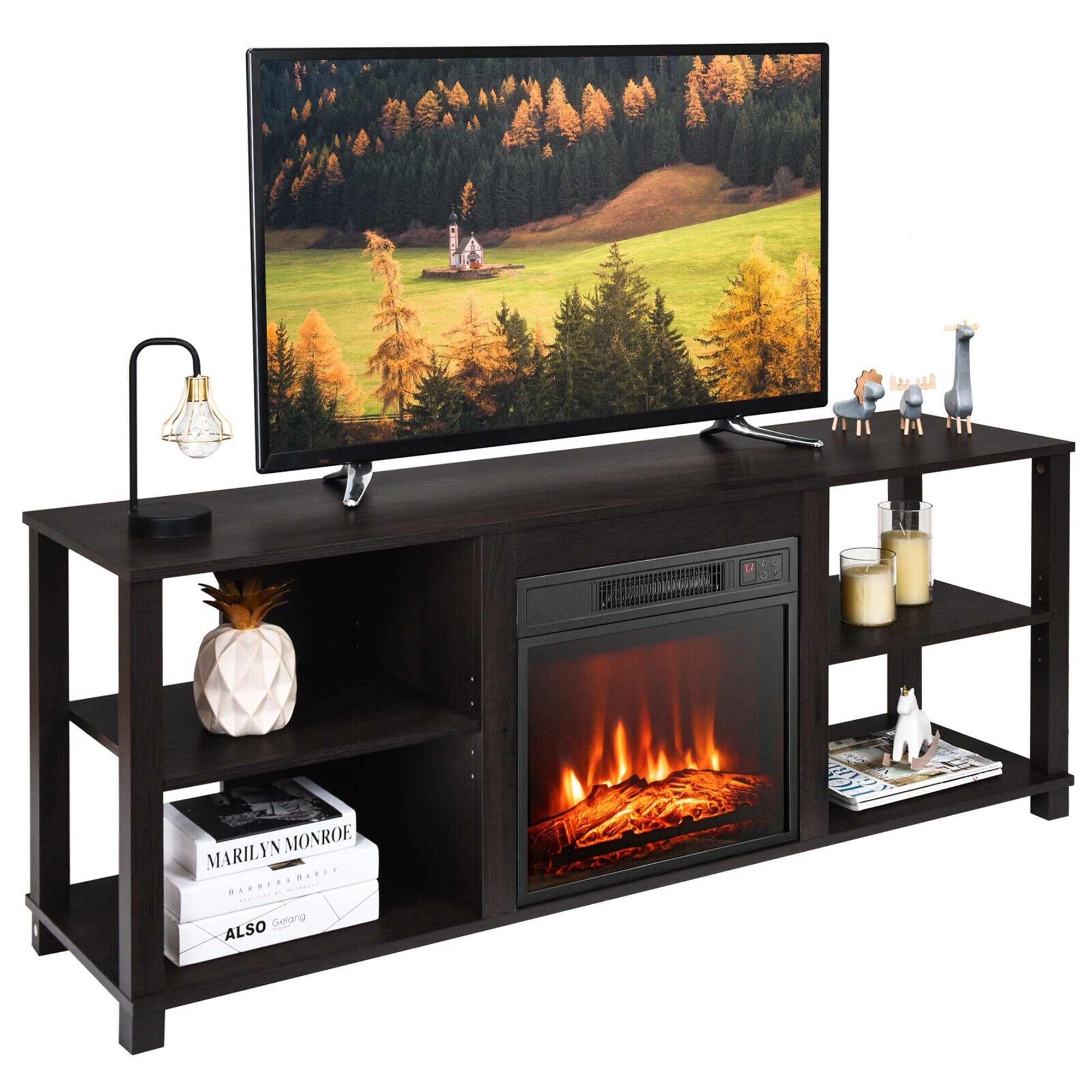 Gymax 2 Tier Tv Stand Electric Fireplace Heater Storage Cabinet Console For 65 Tv