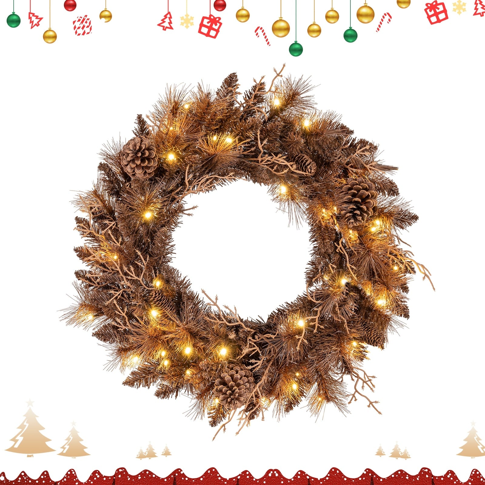 Gymax 24 Pre Lit Christmas Wreath Front Door Artificial Xmas Wreath
