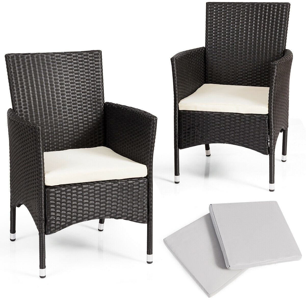 Gymax 2Pc Patio Rattan Wicker Dining Chairs Set Black With 2 Set Cushion Covers