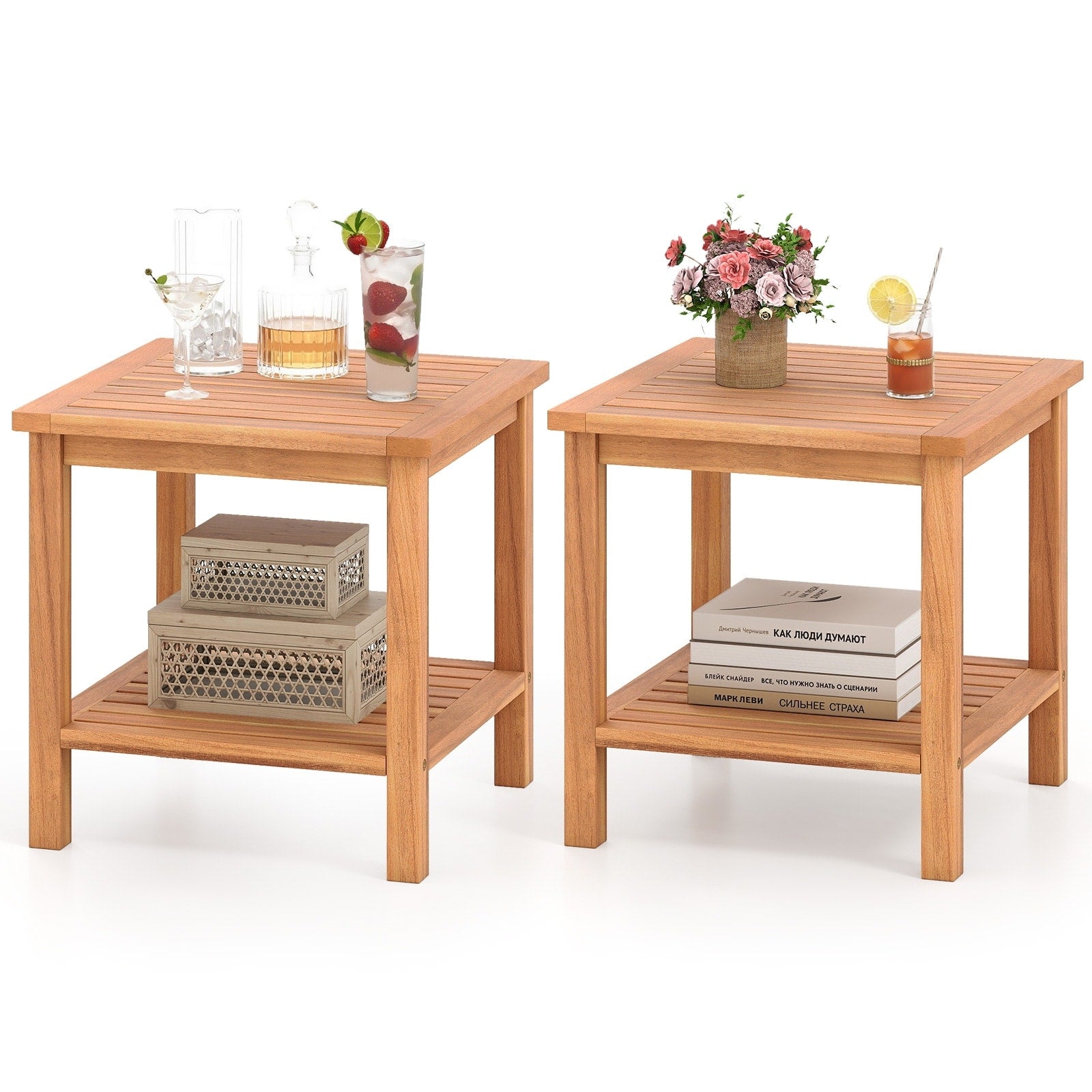 Gymax 2Pcs 2 Tier Patio Acacia Wood Side Table W Slatted Tabletop