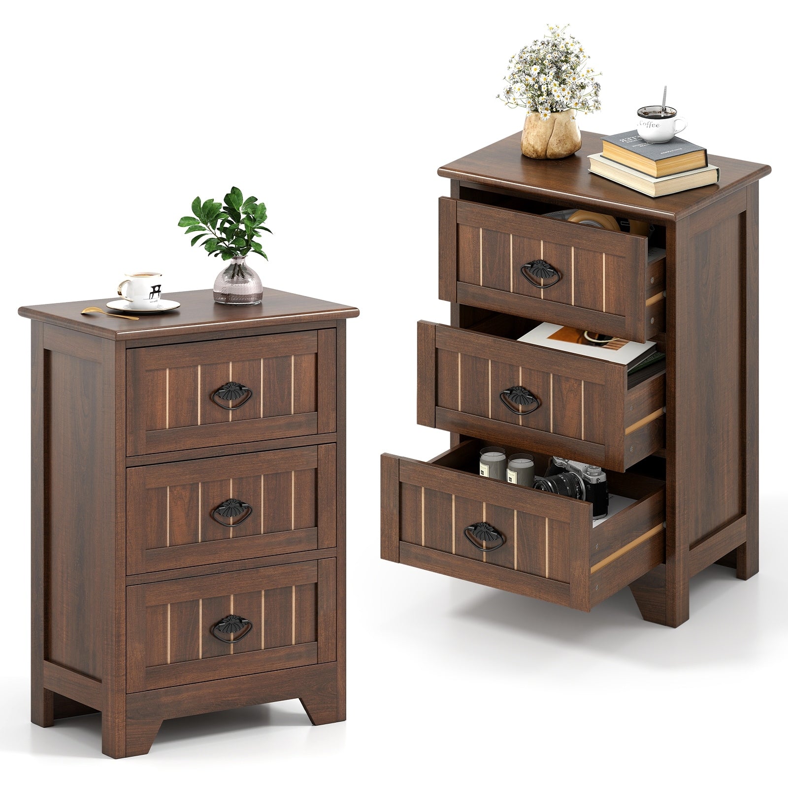 Gymax 2Pcs 3 Drawers End Table Nightstand Bedroom Storage Wood Slide