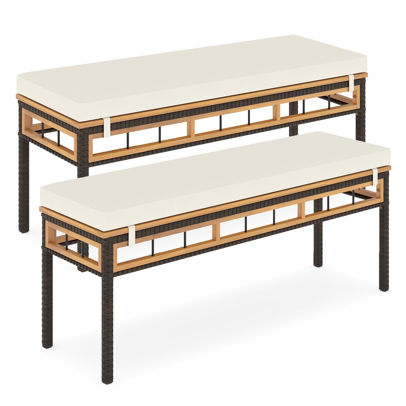 Gymax 2Pcs 48 Wicker Patio Bench W Acacia Wood Seat Removable Padded