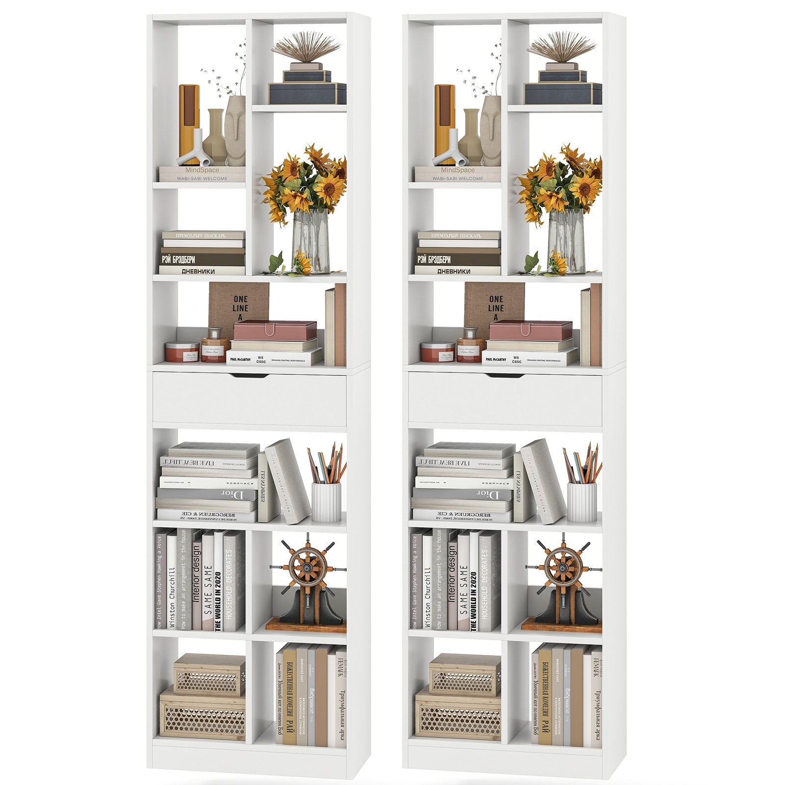 Gymax 2Pcs 71 Tall Bookcase W Drawer Modern Bookshelf W 10 Open
