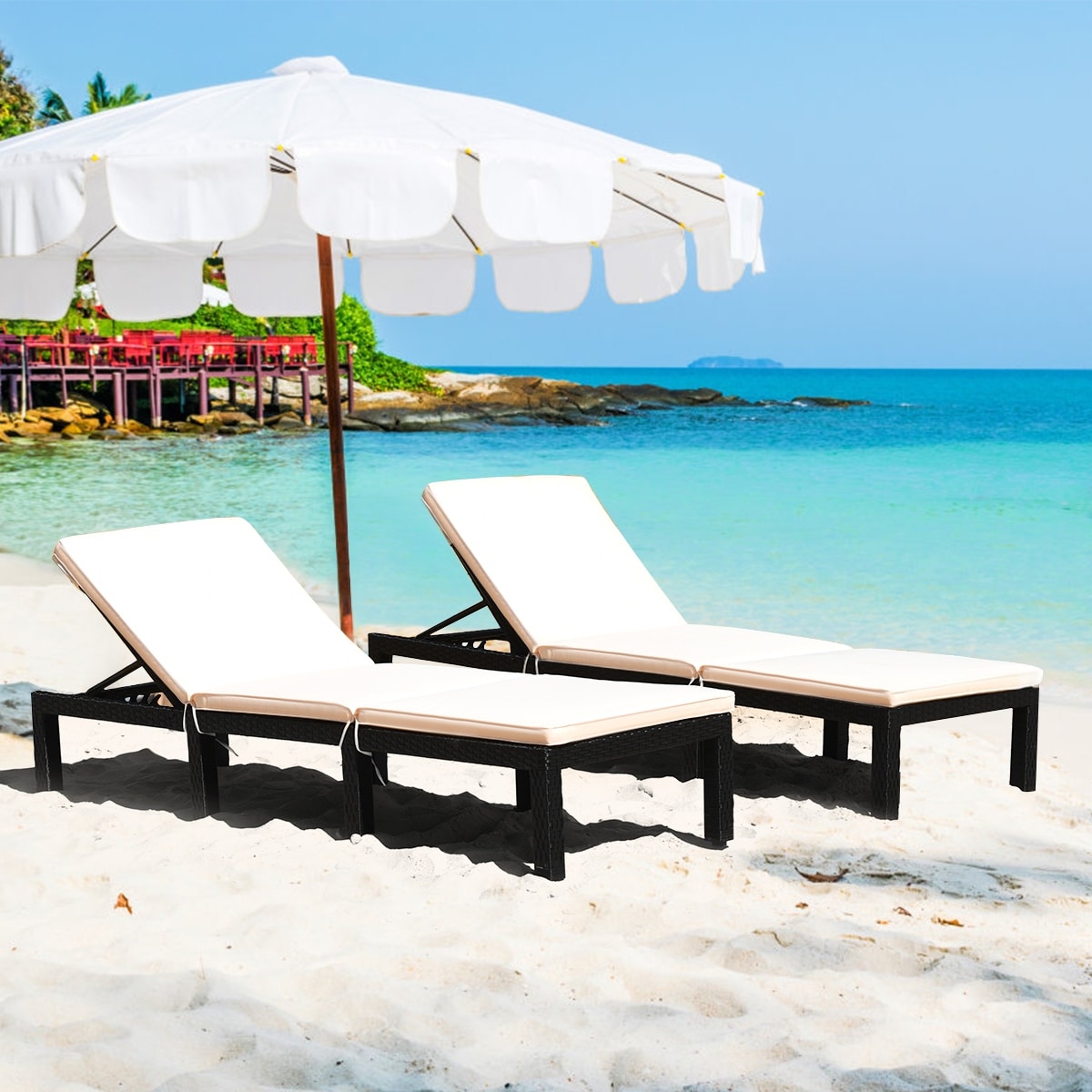 Gymax 2Pcs Cushioned Patio Rattan Chaise Lounge Chair Recliner W