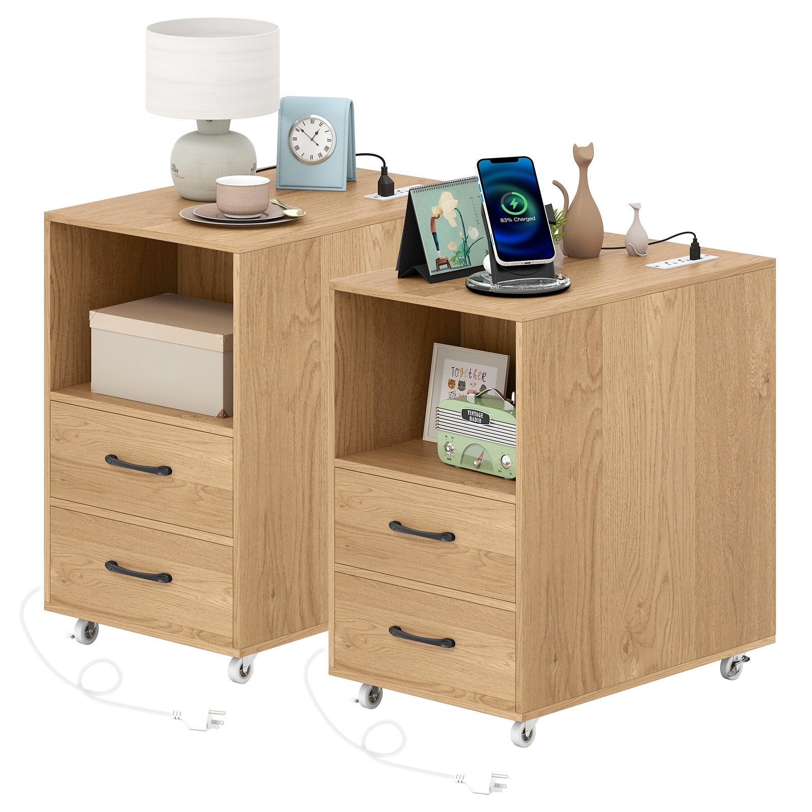 Gymax 2Pcs End Table W Built In Charging Station Usb Ports Outlets 2