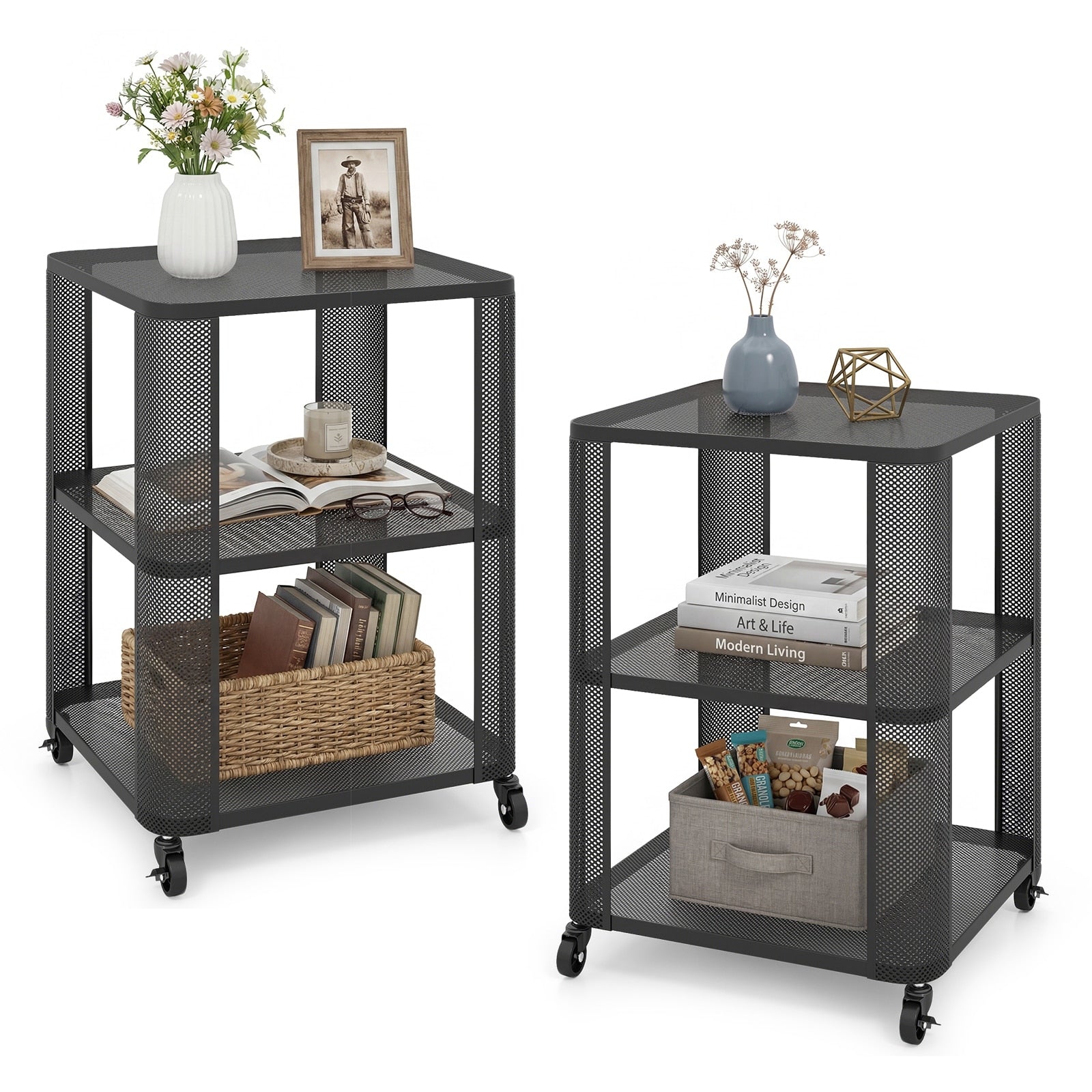 Gymax 2Pcs End Table W Wheels Rolling Side Table W Open Storage 2 Pcs
