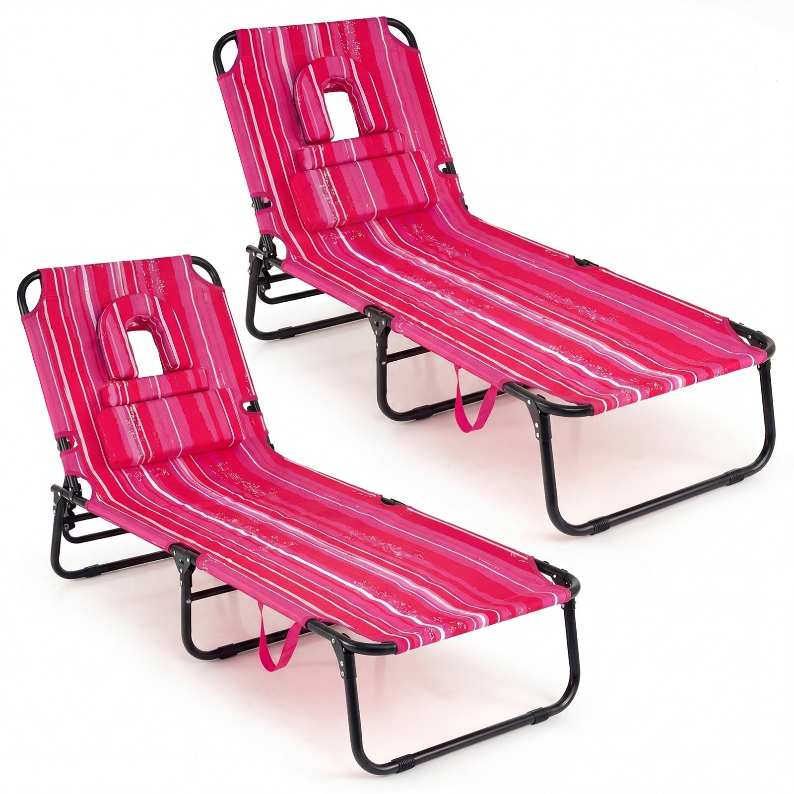 Gymax 2Pcs Folding Beach Sun Lounger W Face Hole Removable Pillows