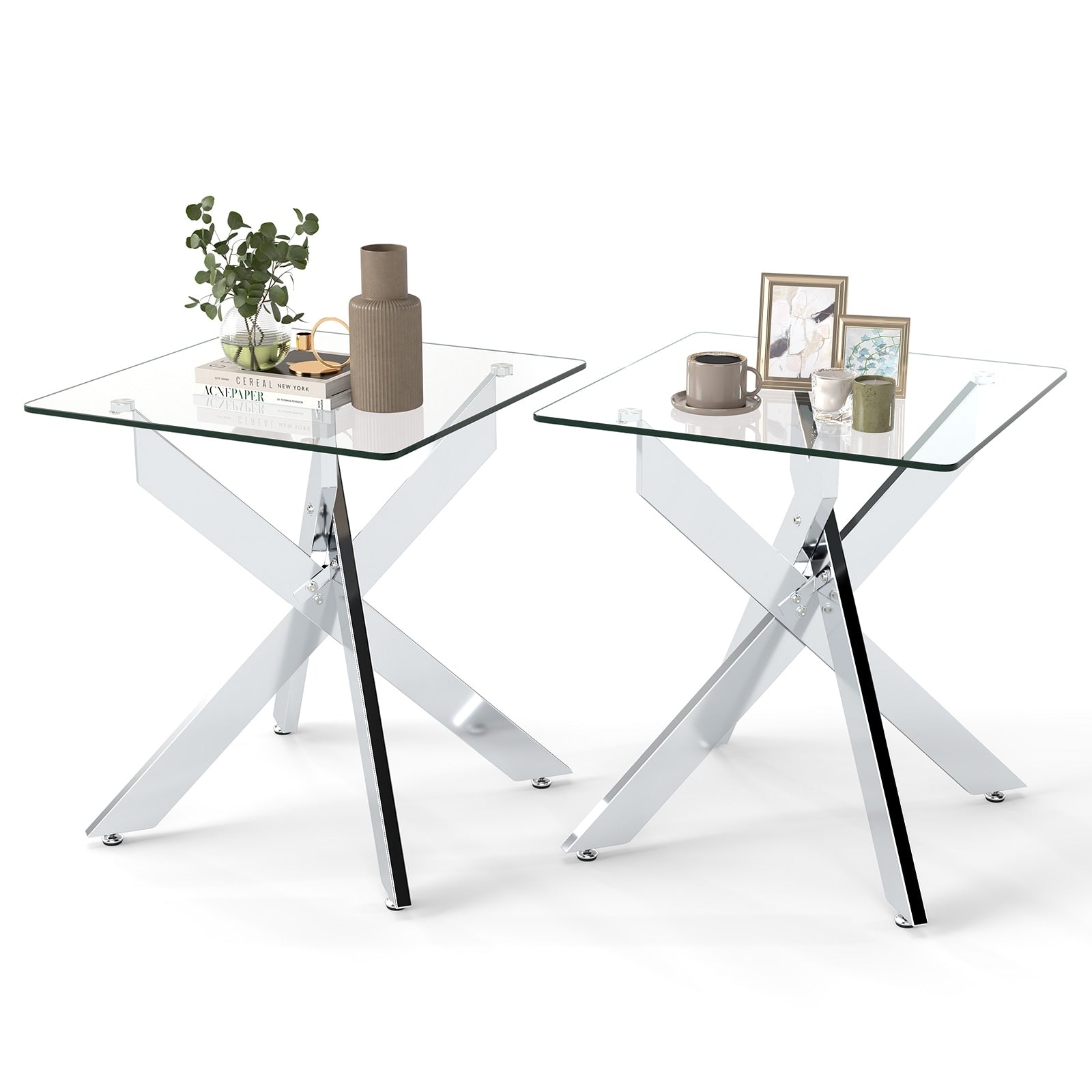 Gymax 2Pcs Glass Side Table Square End Table W Tempered Glass Top