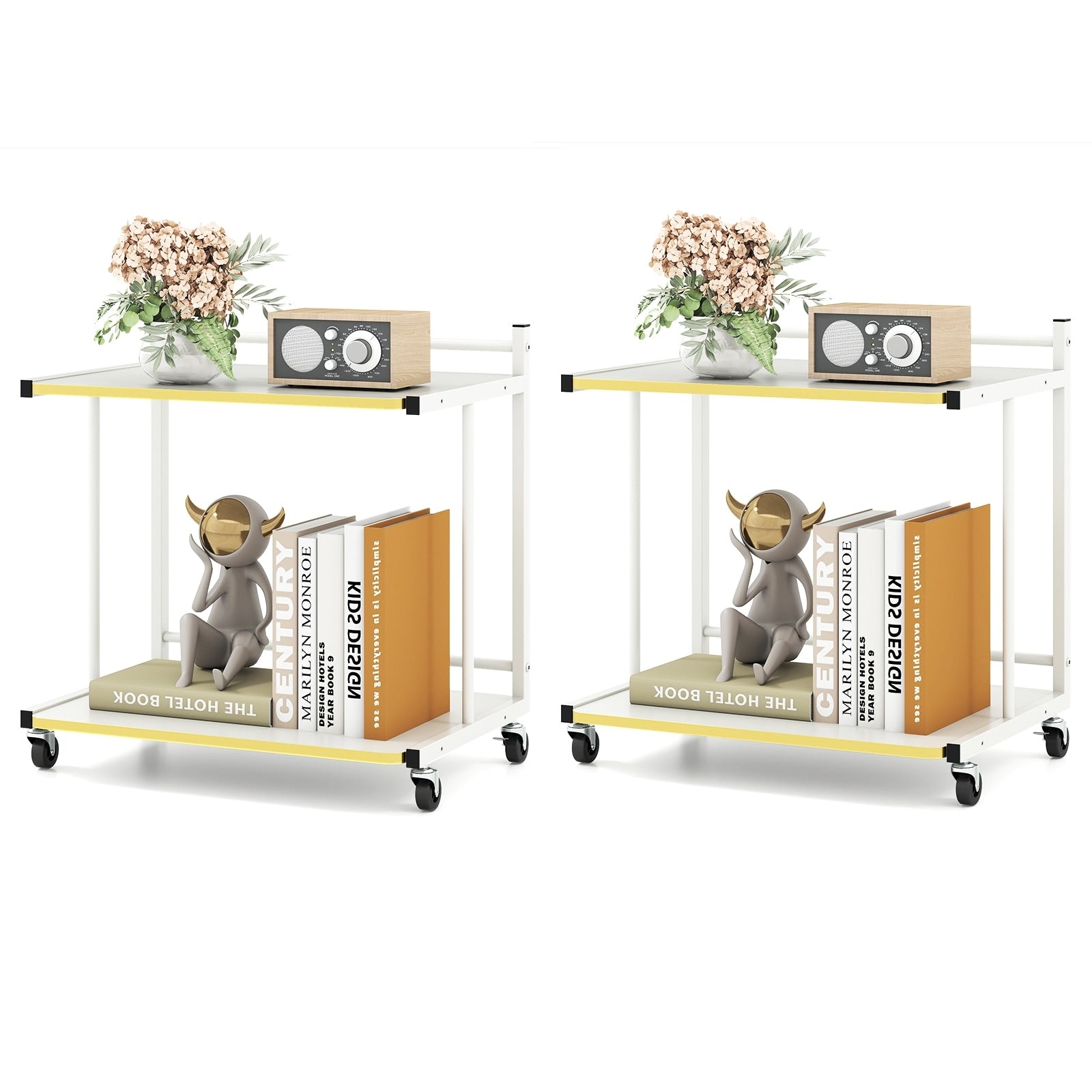 Gymax 2Pcs Mobile Side Table W Open Shelves Golden Trimmed Edges