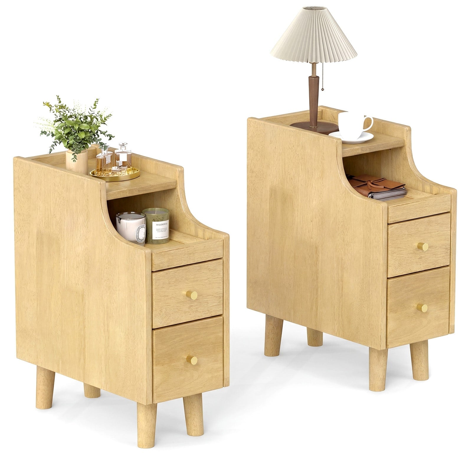 Gymax 2Pcs Narrow Nightstand Solid Wood End Table W Pull Out Tray 2 2 Pcs