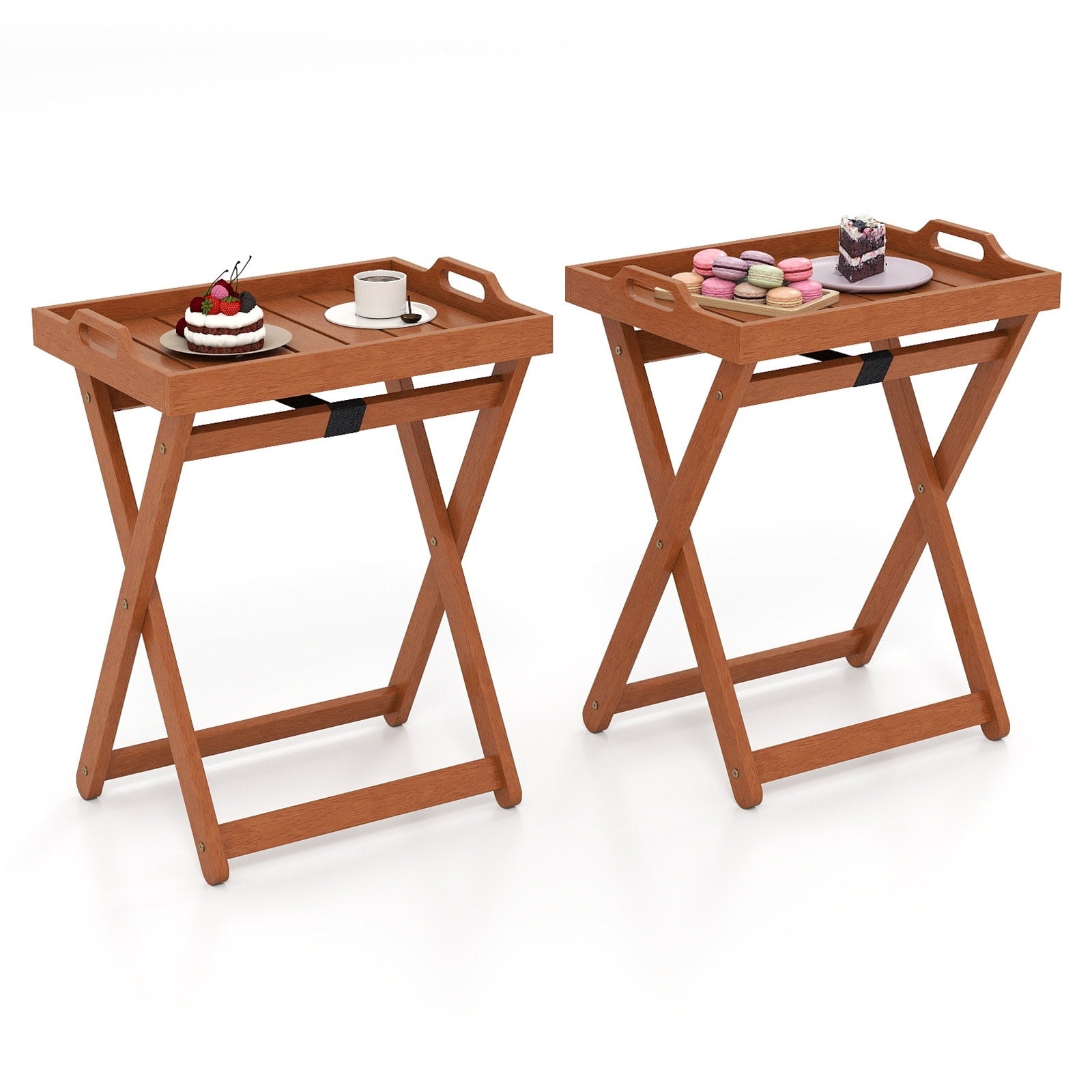 Gymax 2Pcs Outdoor Wood Tray Table W Removable Serving Tray Folding