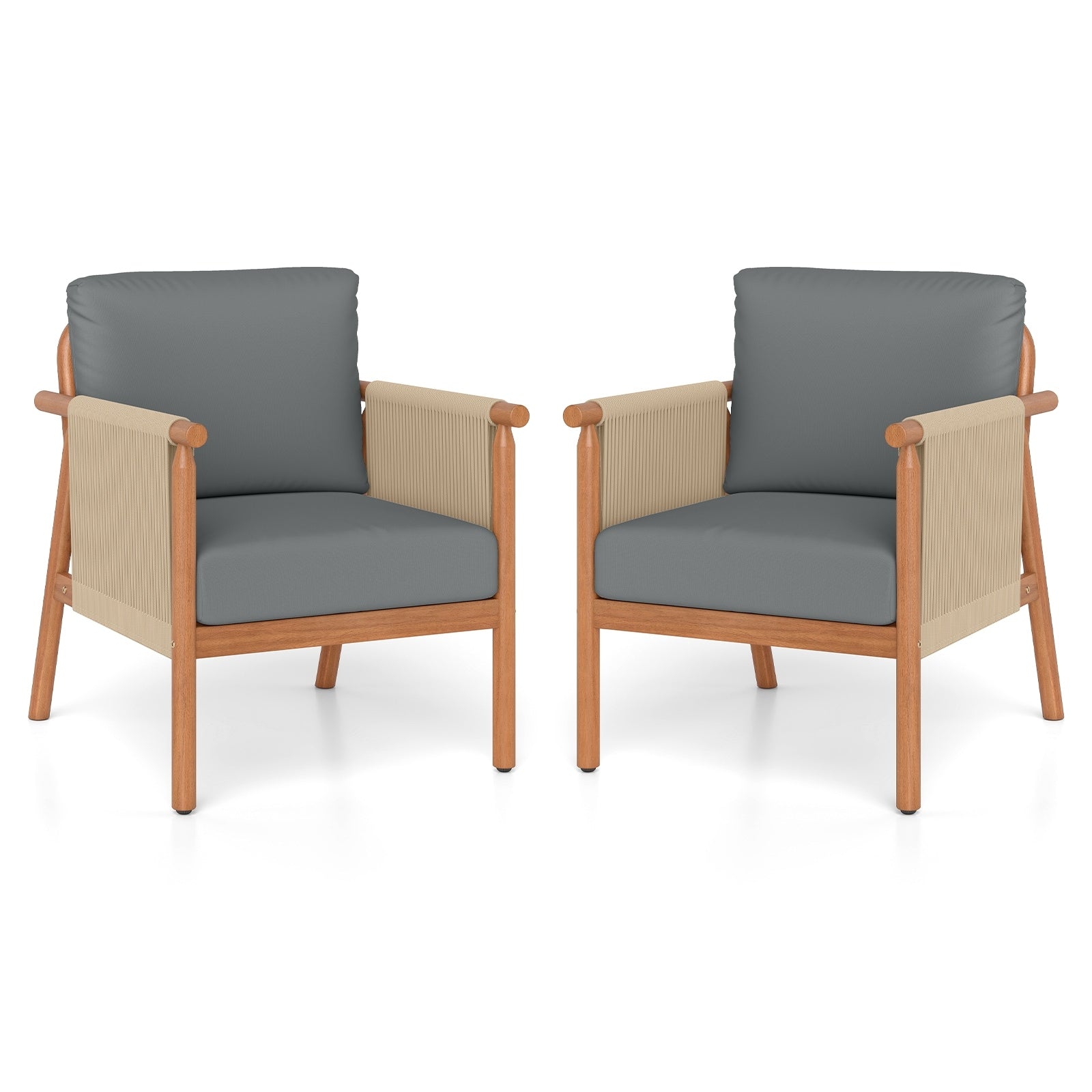 Gymax 2Pcs Patio Acacia Wood Chair W Woven Rope Armrests Seat Back