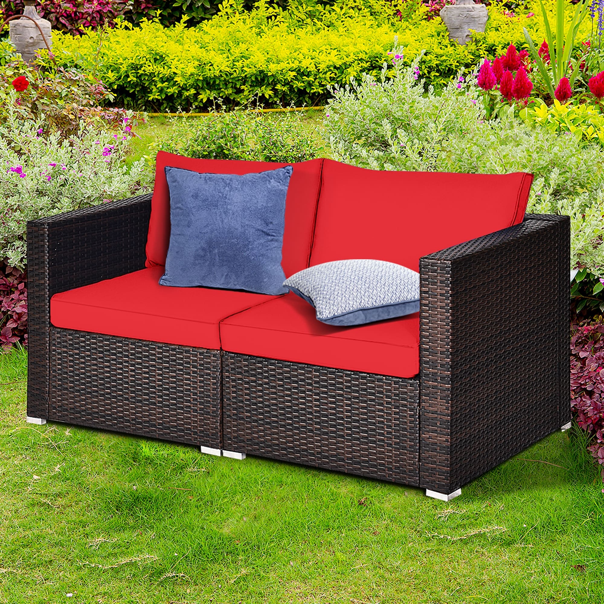 Gymax 2Pcs Rattan Corner Sofa Set Patio Outdoor Furniture Set W 4 Red