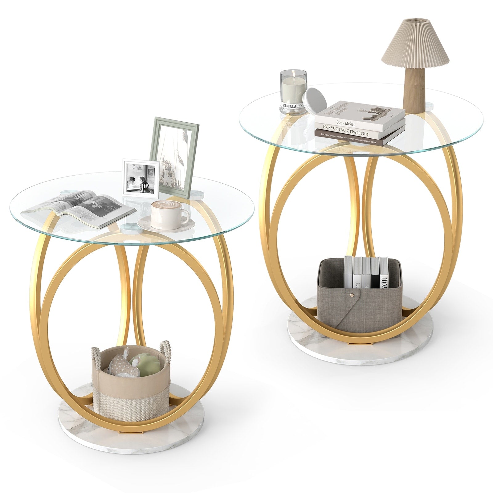 Gymax 2Pcs Round End Table Faux Marble Side Table W Tempered Glass