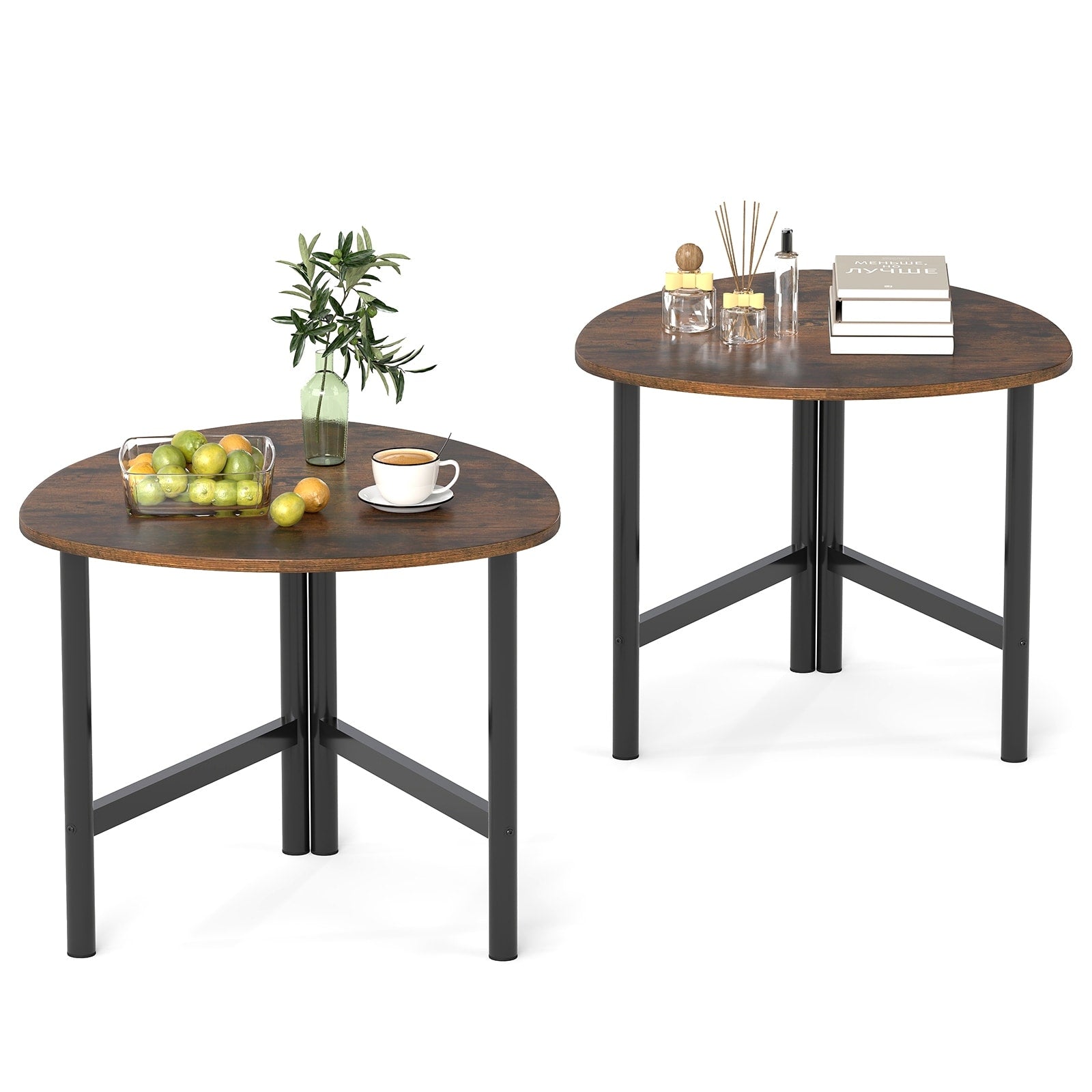 Gymax 2Pcs Triangle Coffee Table W Metal Legs Industrial Center Table