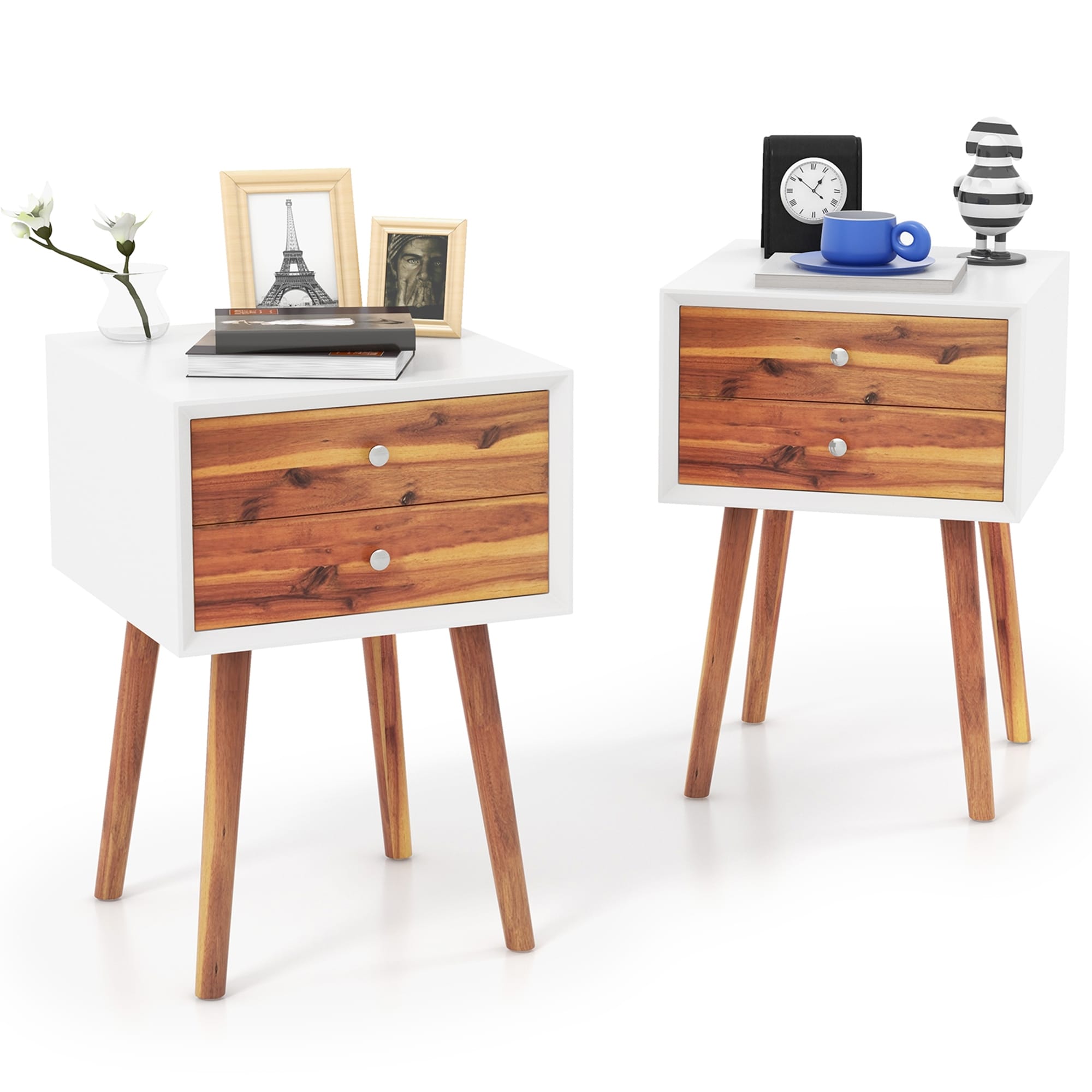 Gymax 2Pcs Wooden Nightstand Mid Century End Side Table W 2 Storage
