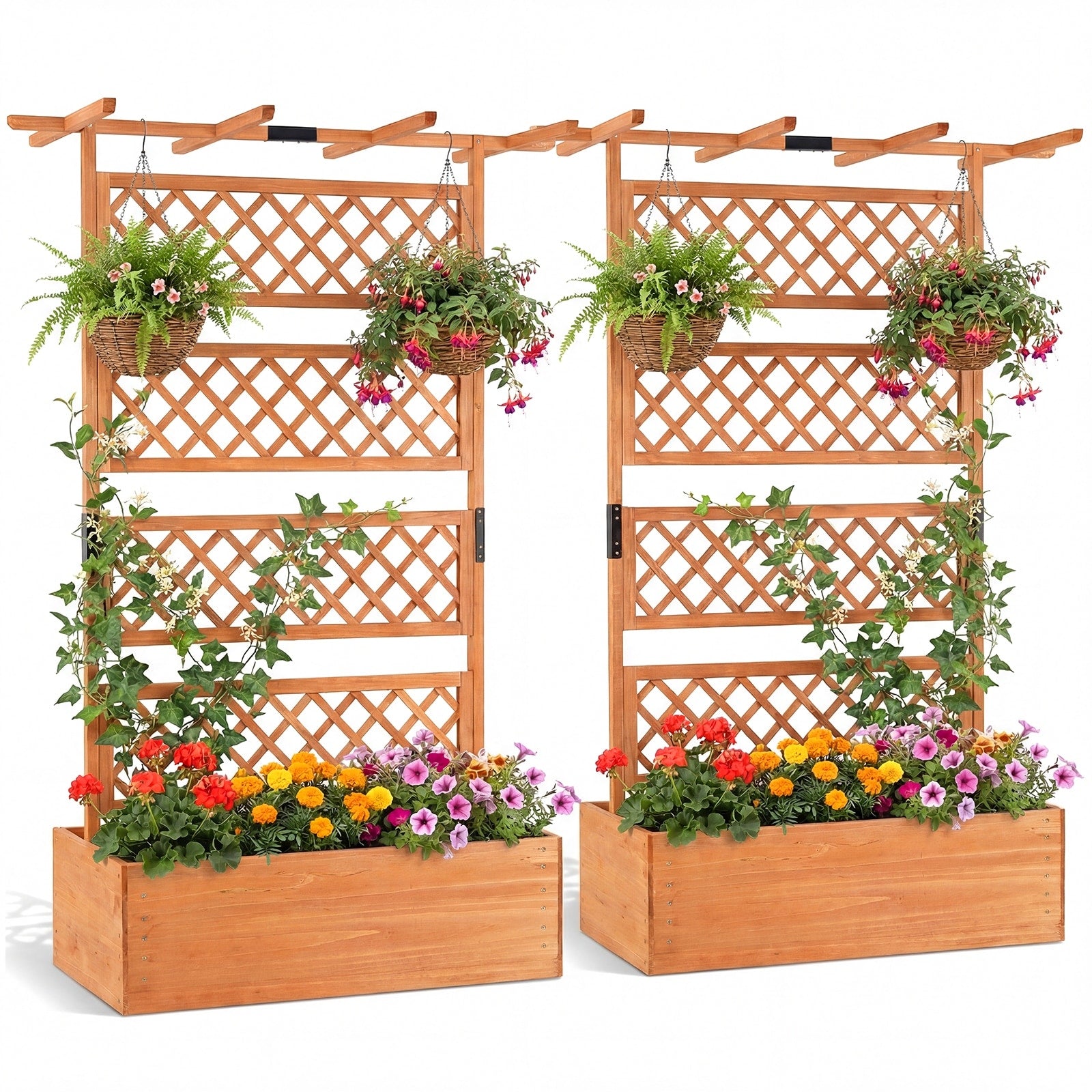 Gymax 2Pcs Wooden Planter Box W Lattice Trellis Flat Roof Drainage For