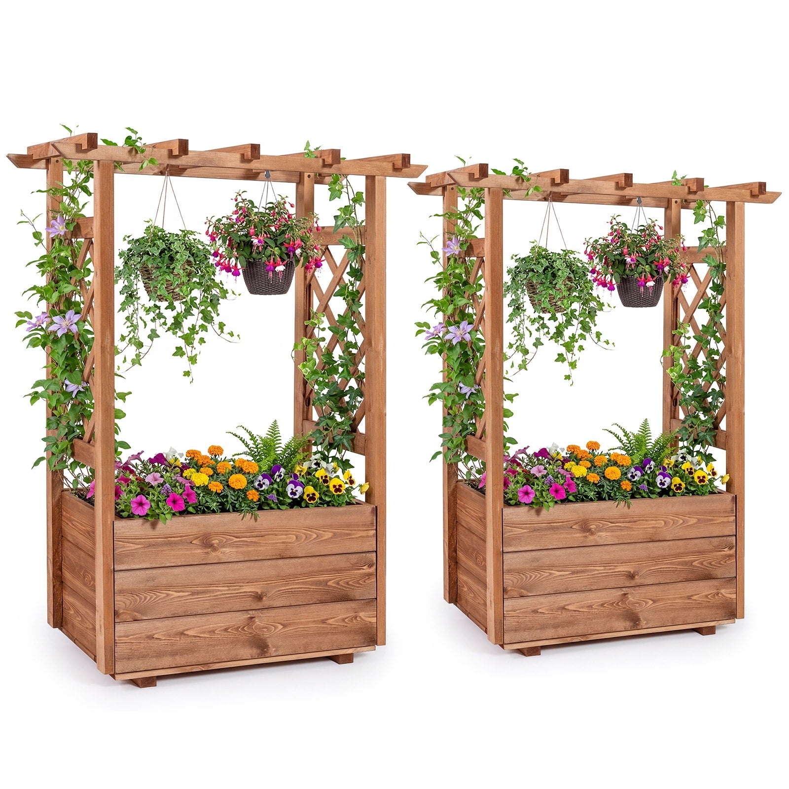 Gymax 2Pcs Wooden Raised Garden Bed Lattice Trellises Hanging Roof