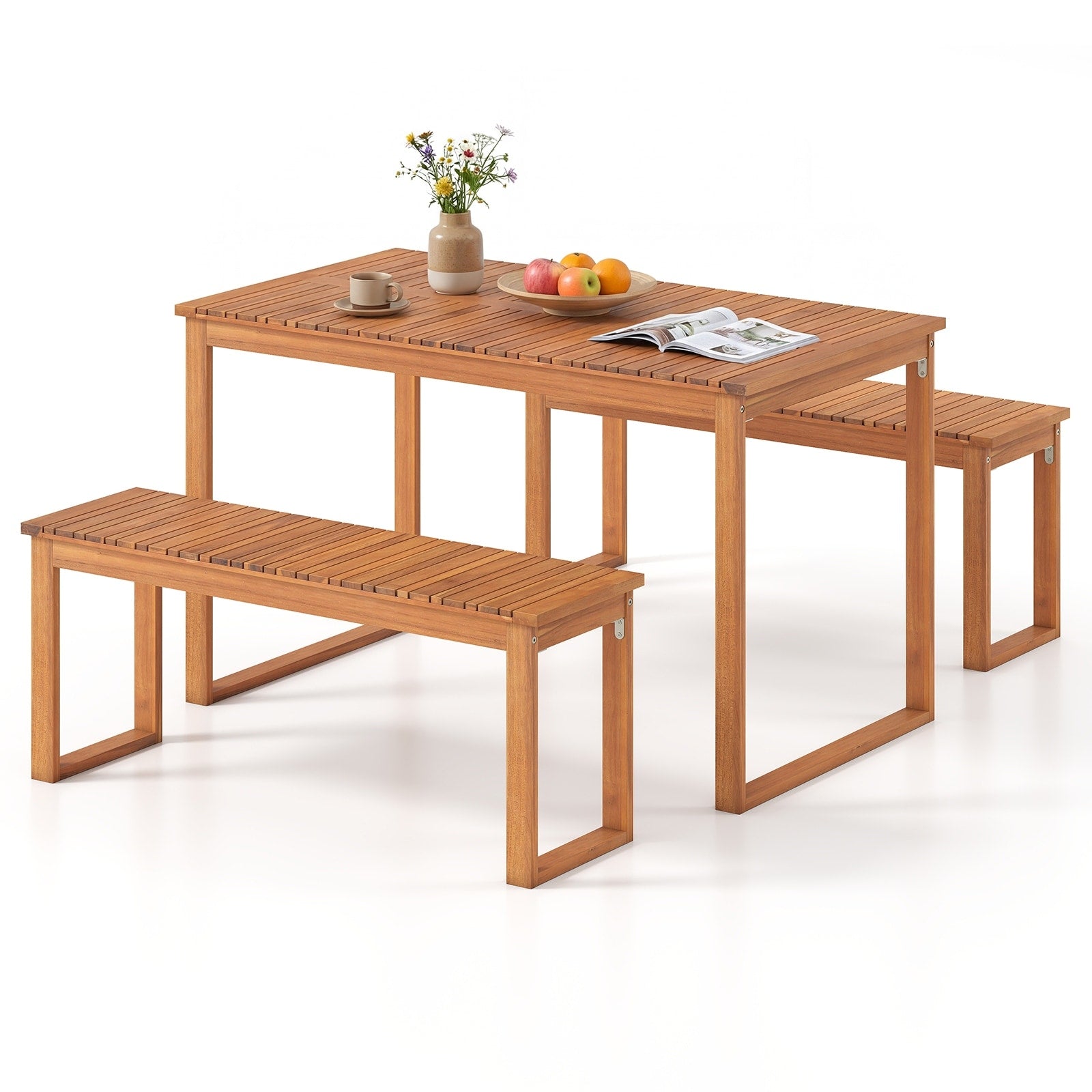 Gymax 3 Pcs Acacia Wood Picnic Set 43.5 Outdoor Dining Table W 2