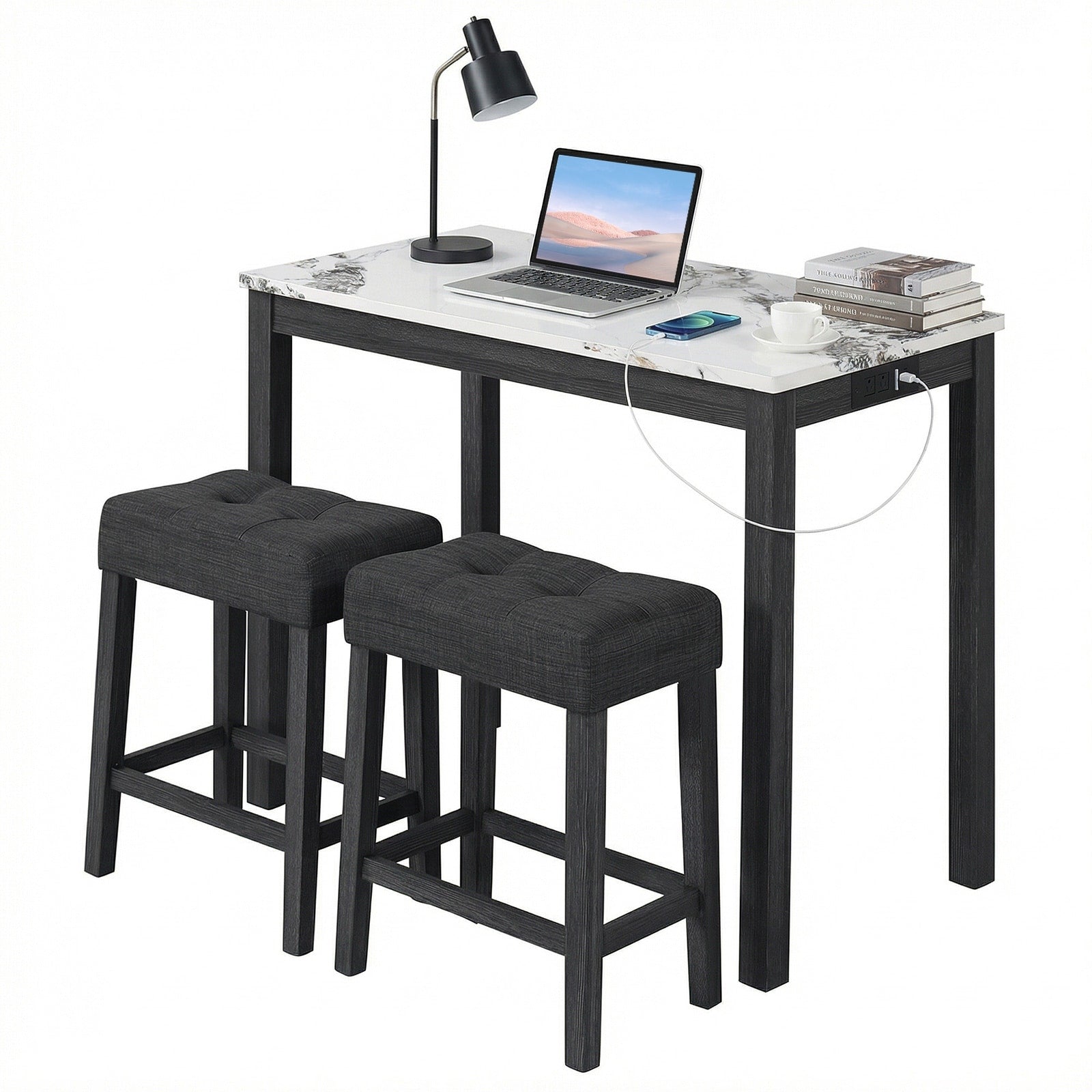 Gymax 3 Pcs Bar Table Set W Charging Station Modern Counter Height
