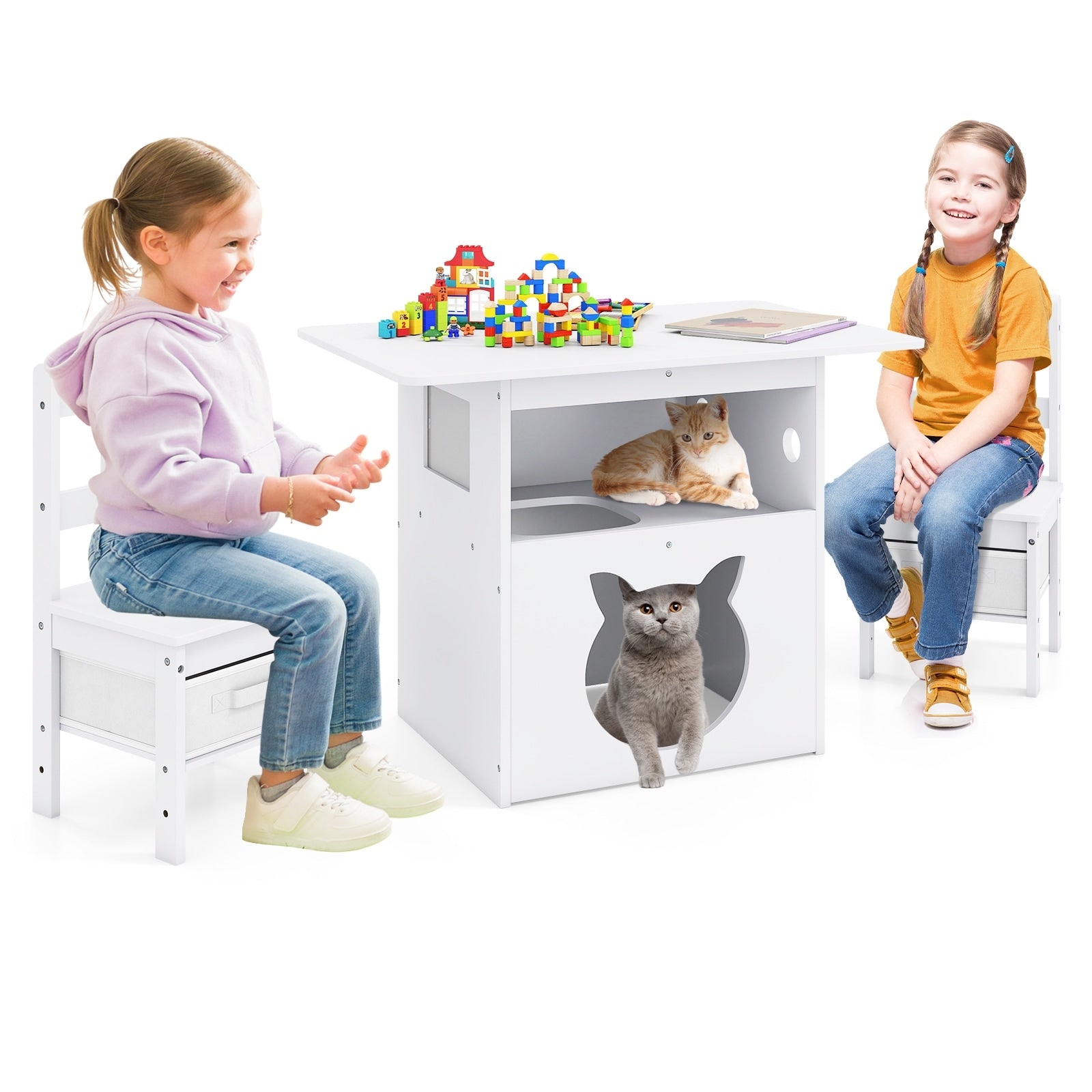 Gymax 3 Pcs Kids Table And Chairs Set Furniture W Cat House Hole