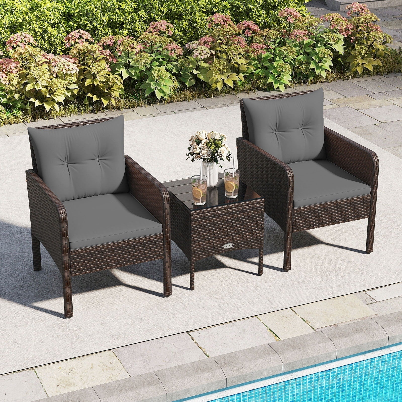 Gymax 3 Pcs Patio Pe Wicker Furniture Set W Cushions Tempered Glass