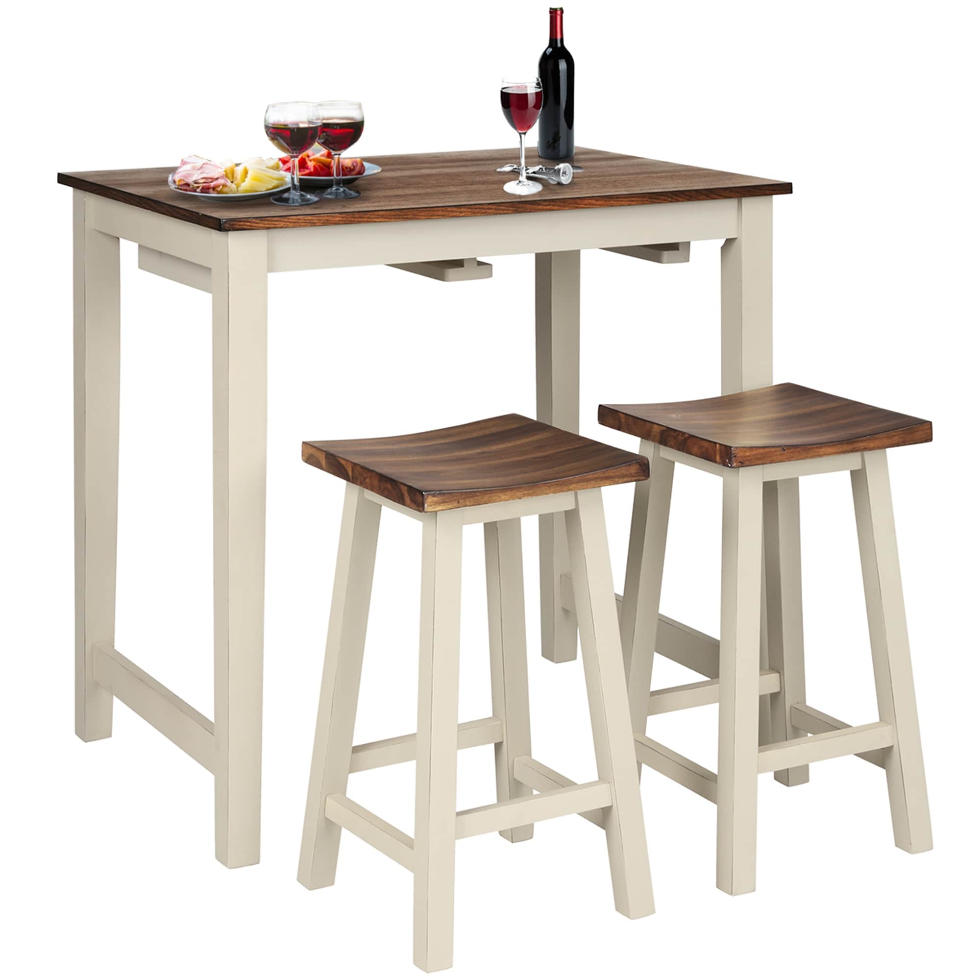 Gymax 3 Piece Bar Table Set Counter Pub Table 2 Saddle Bar Stools W