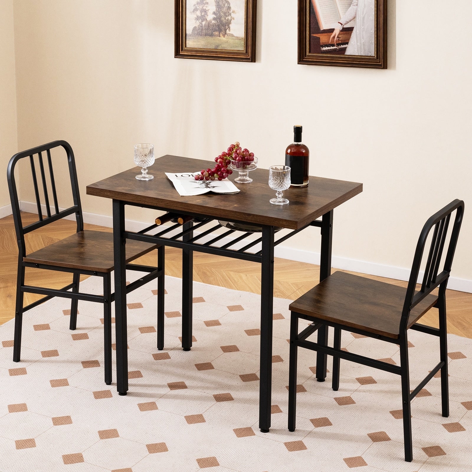 Gymax 3 Piece Rectangular Dining Table Chairs Set Wooden Breakfast