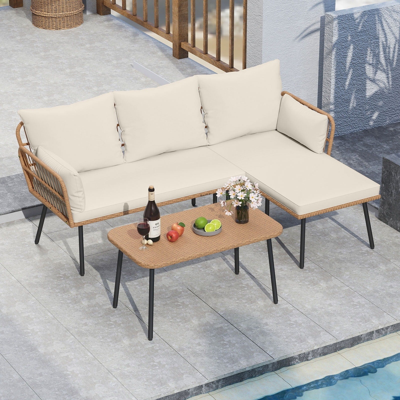 Gymax 3 Pieces L Shaped Patio Furniture Set W Coffee Table Removable