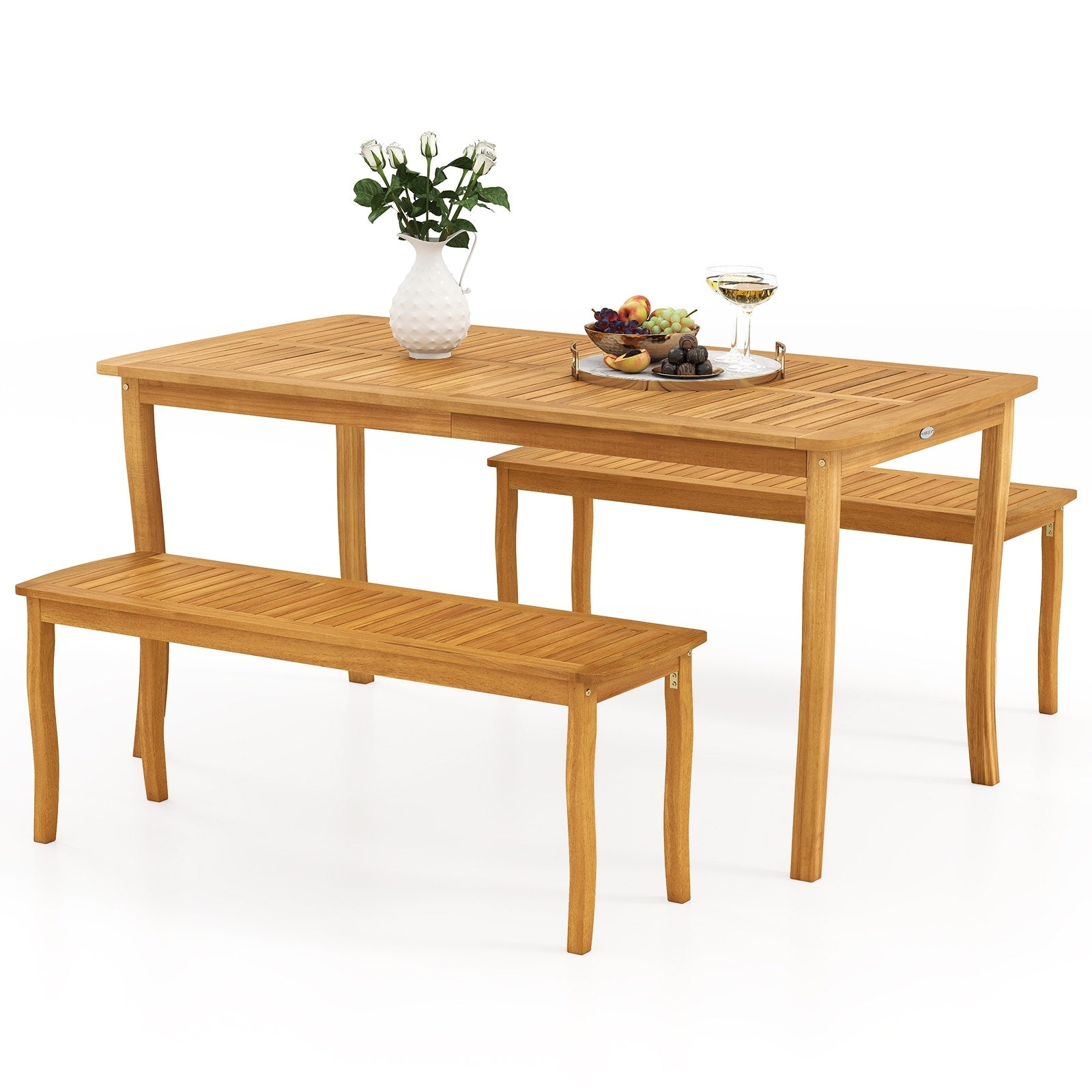 Gymax 3 Pieces Patio Dining Set W 1.97 Umbrella Hole And Slatted