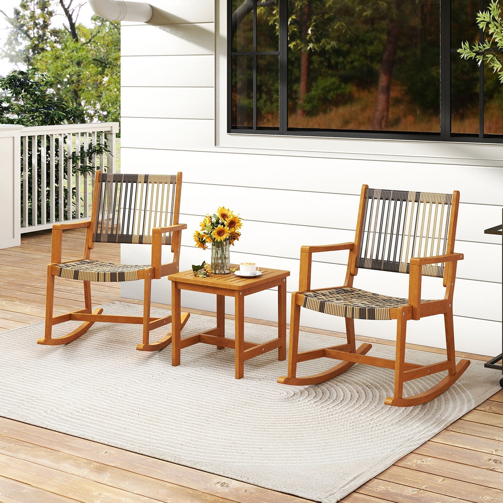 Gymax 3 Pieces Rocking Bistro Set Pe Rattan Front Porch Chairs W