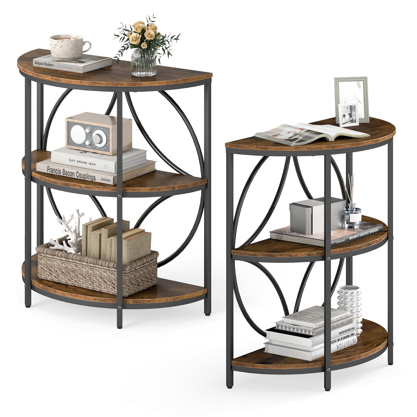 Gymax 3 Tier Half Round End Table Set Of 2 W Study Metal Frame Storage