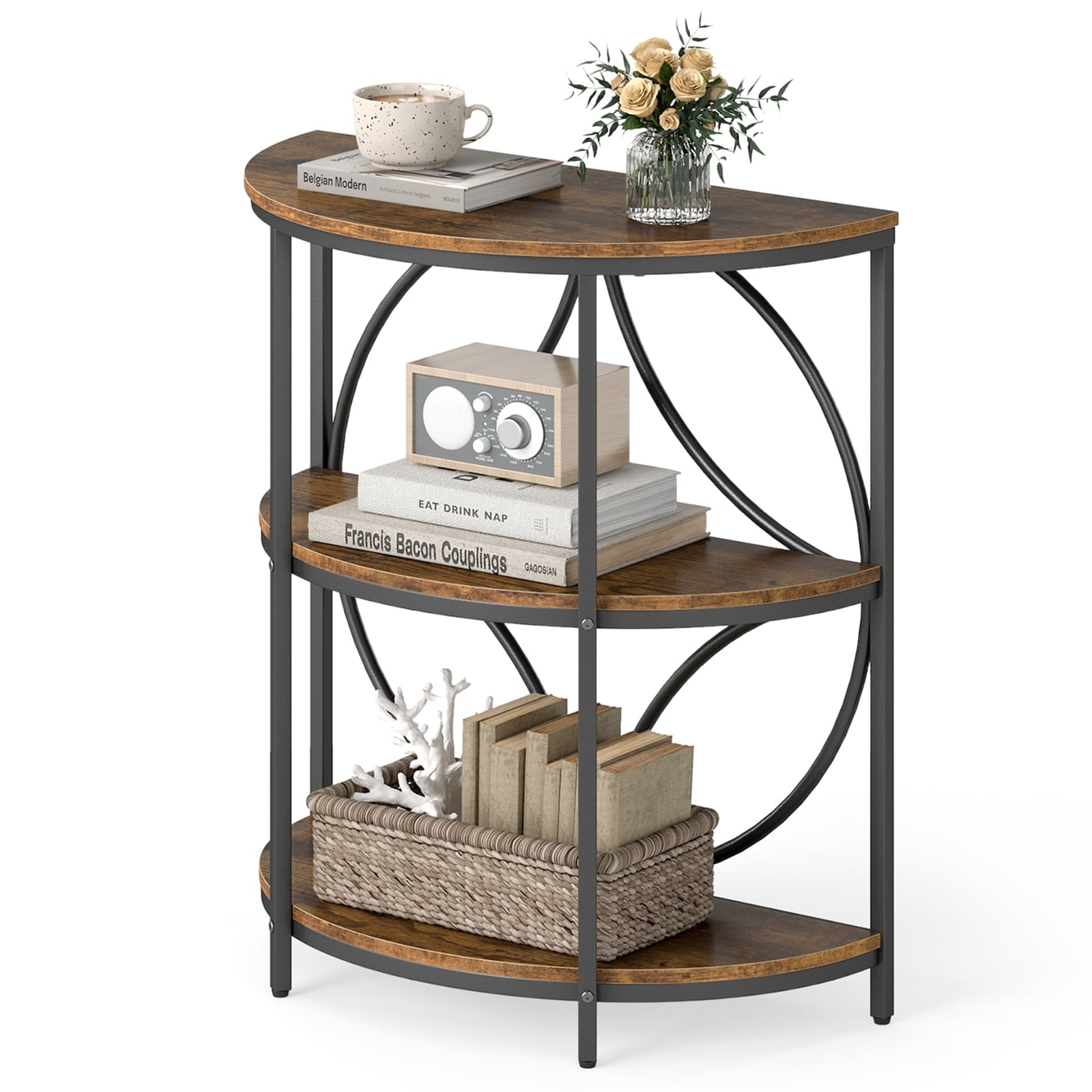 Gymax 3 Tier Half Round End Table W Study Metal Frame Storage Shelves