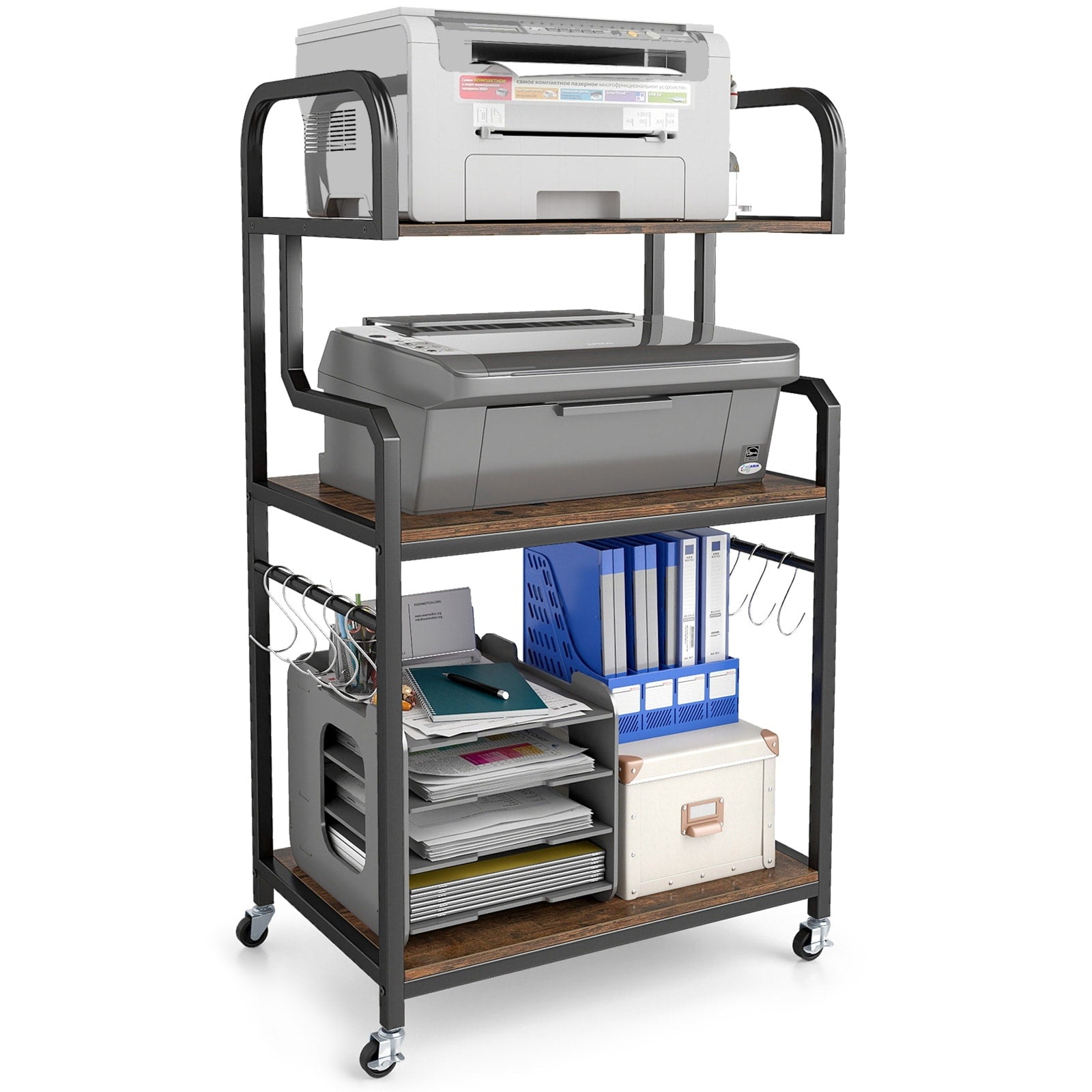 Gymax 3 Tier Rolling Printer Stand Home Office Large Printer Cart W