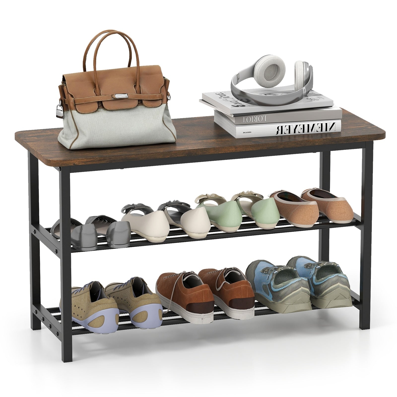 Gymax 3 Tier Shoe Rack Bench W Heavy Duty Metal Frame 300 Lbs Seat