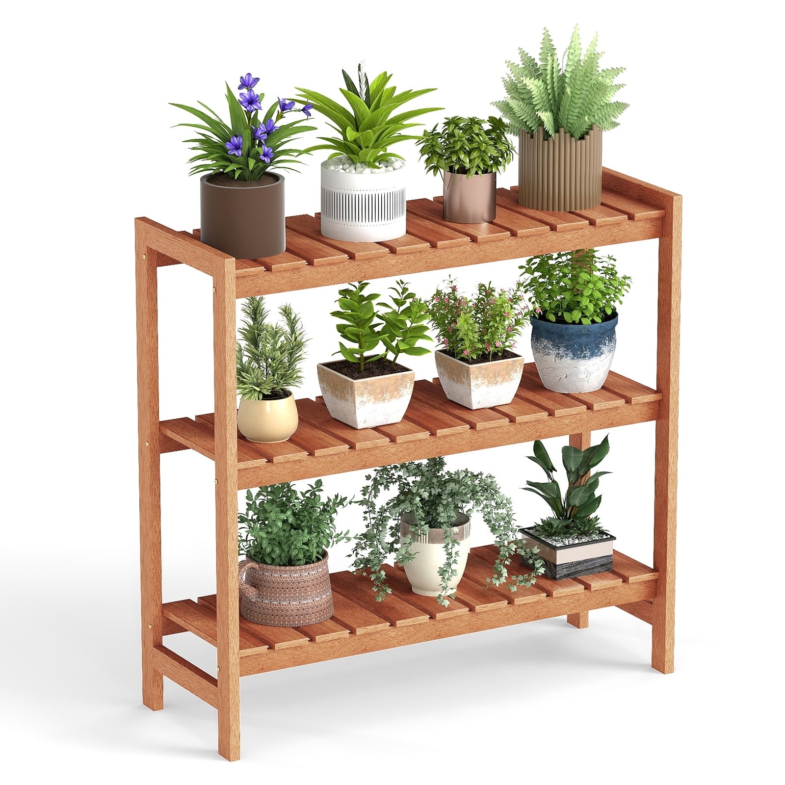 Gymax 3 Tier Solid Wood Plant Stand W Slatted Shelves Take Oil Finish