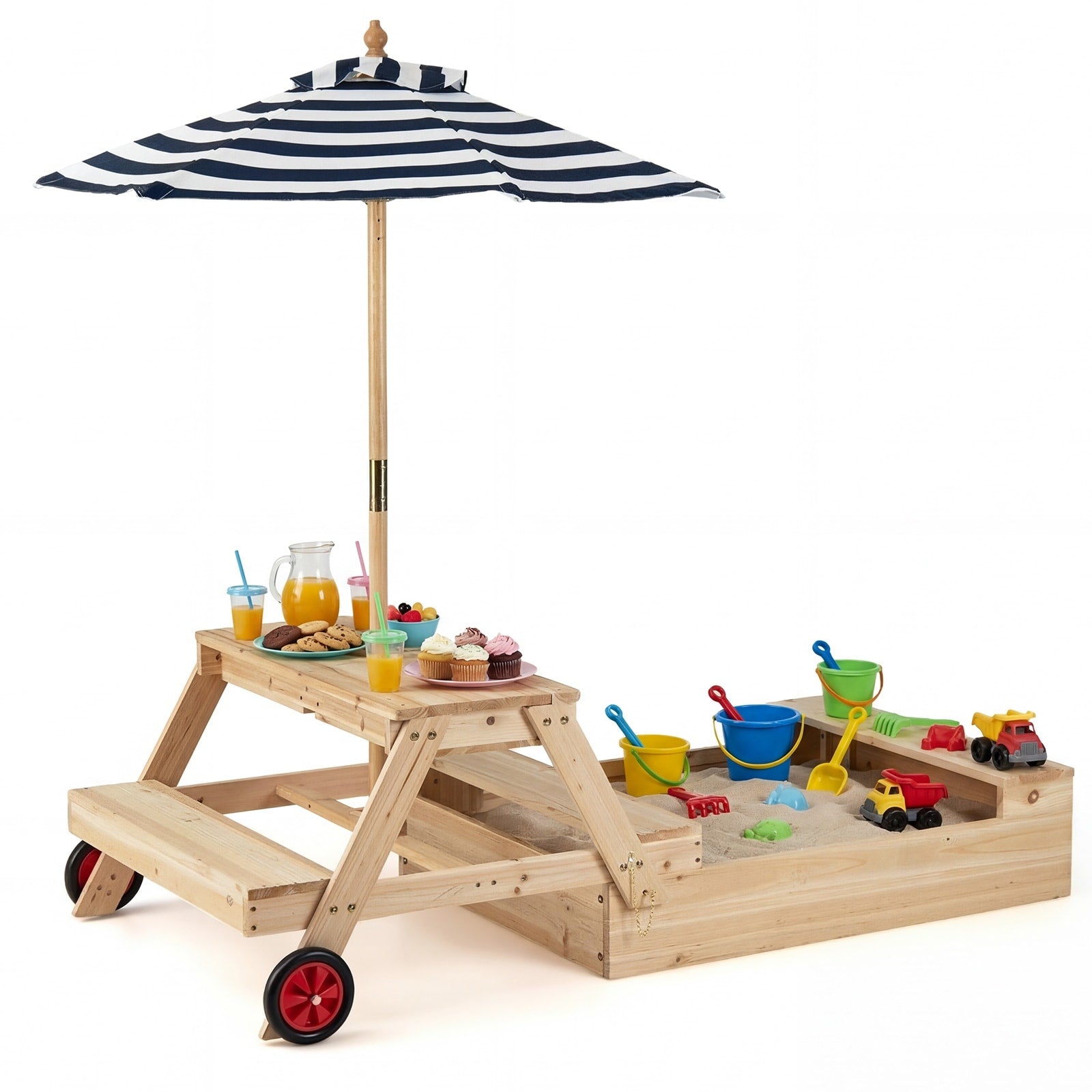 Gymax 3 In 1 Wooden Sandbox W Foldable Umbrella Convertible Picnic