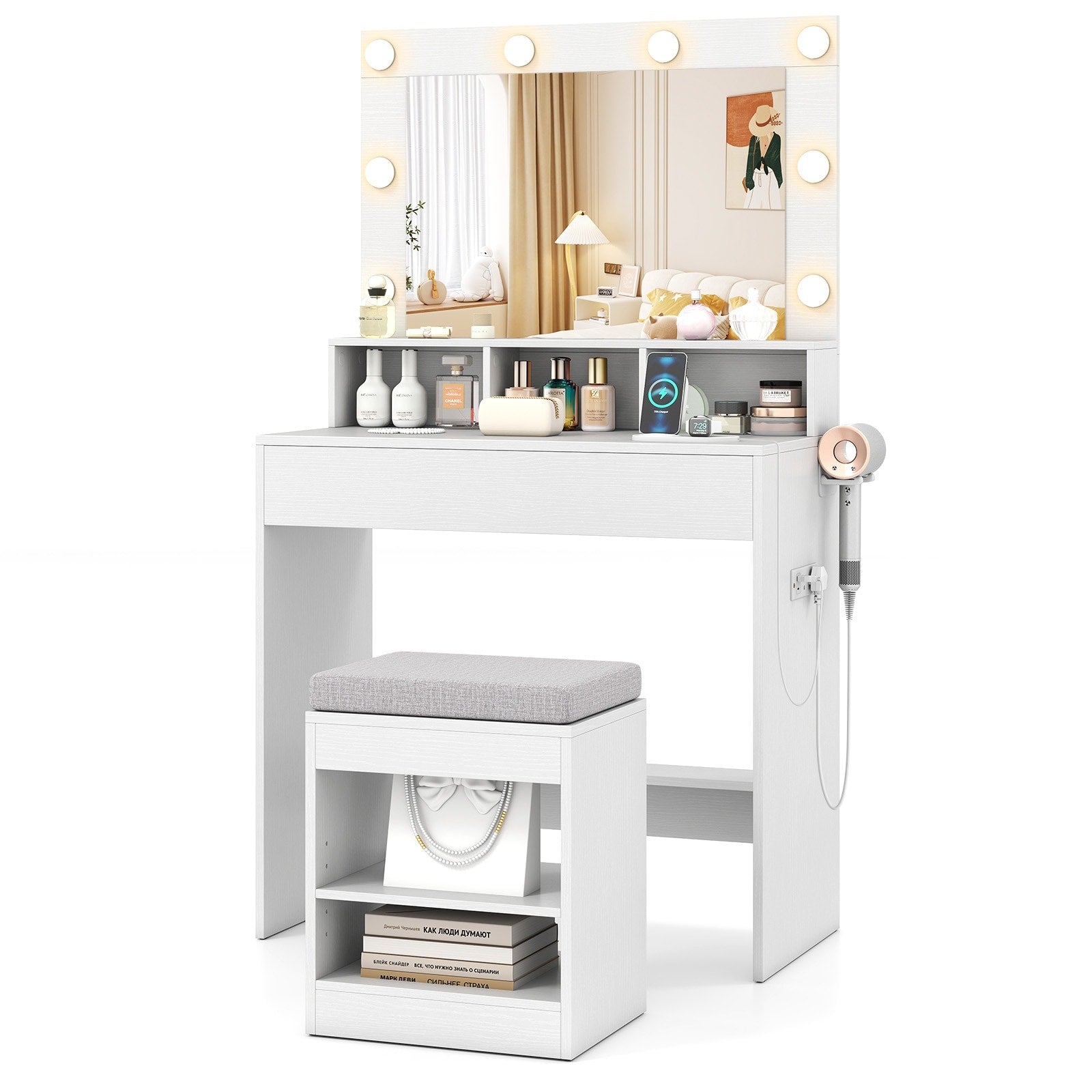 Gymax 31.5 Vanity Desk Set W Mirror Lights 3 Lighting Modes