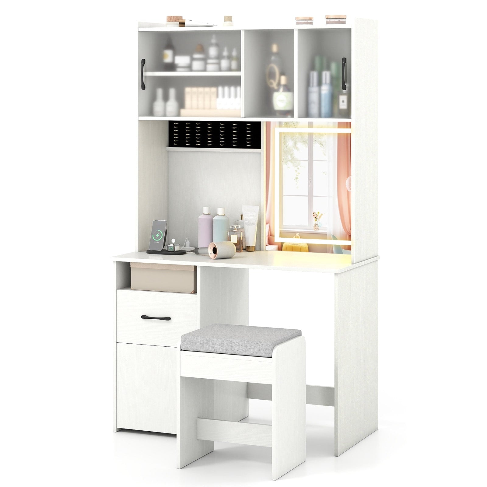 Gymax 39.5 Vanity Desk W Mirror Lights Power Outlets Adjustable
