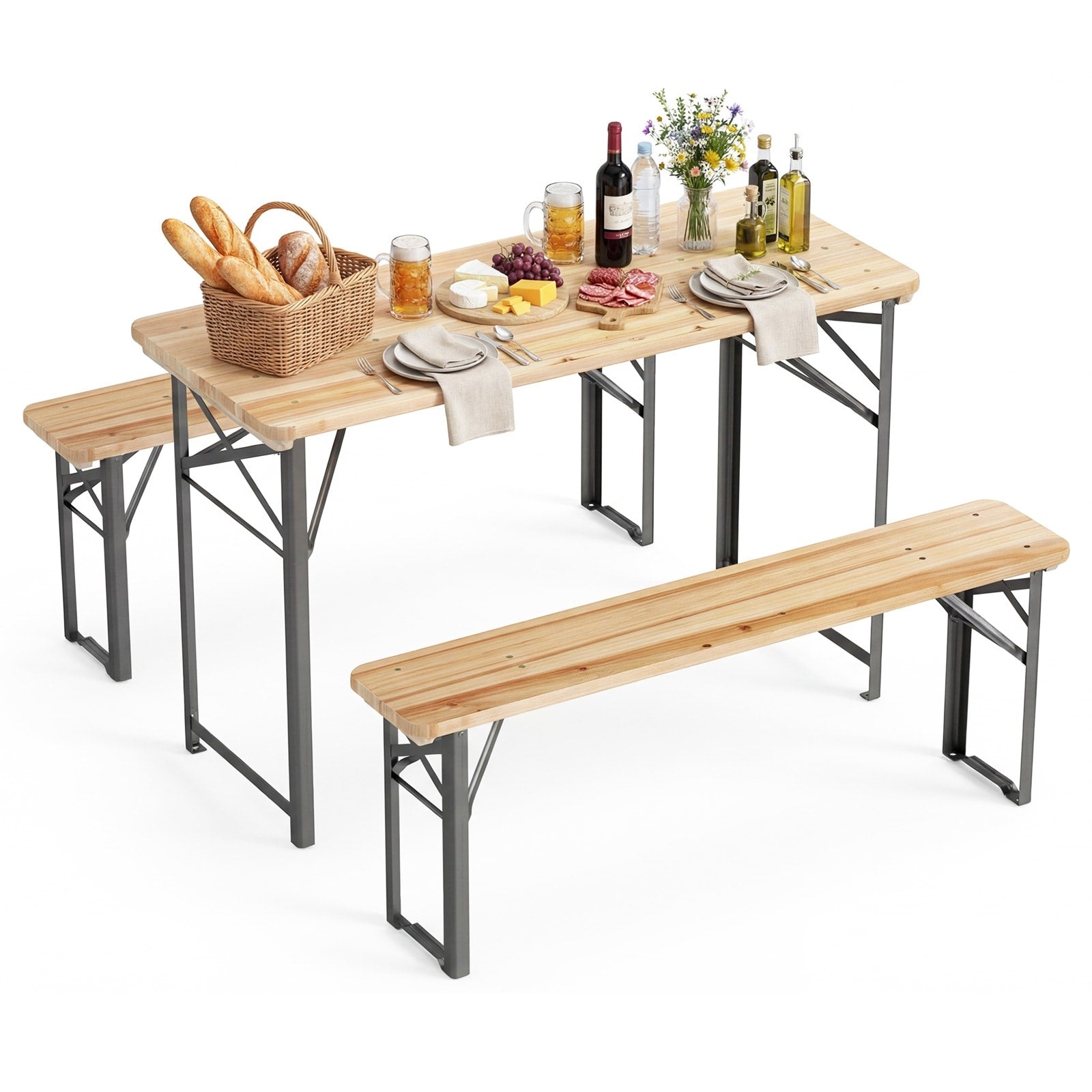 Gymax 3Pcs Folding Picnic Table W Benches Seats Metal Frame For