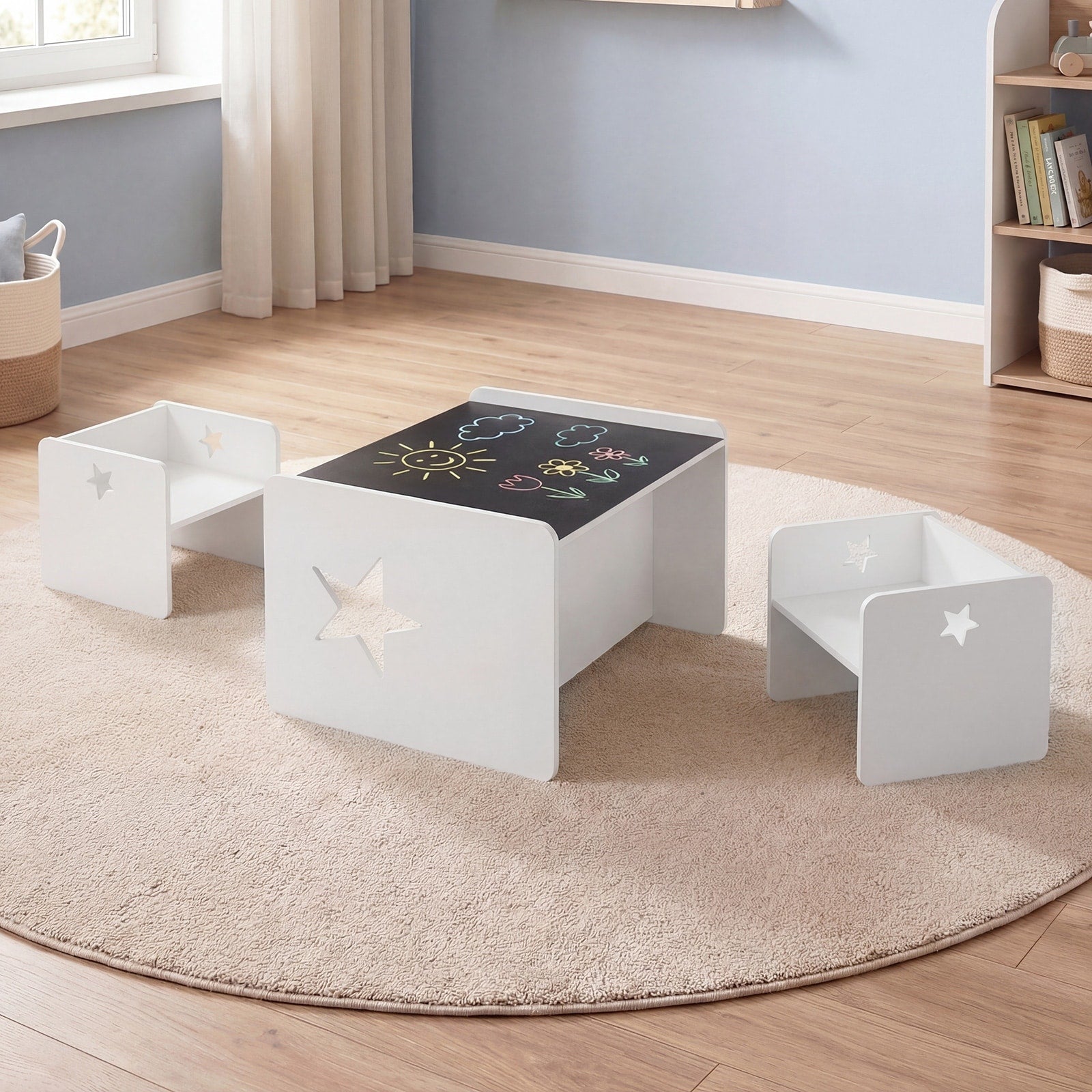 Gymax 3Pcs Kids Table And Chair Set W Chalkboard Lovely Patterns