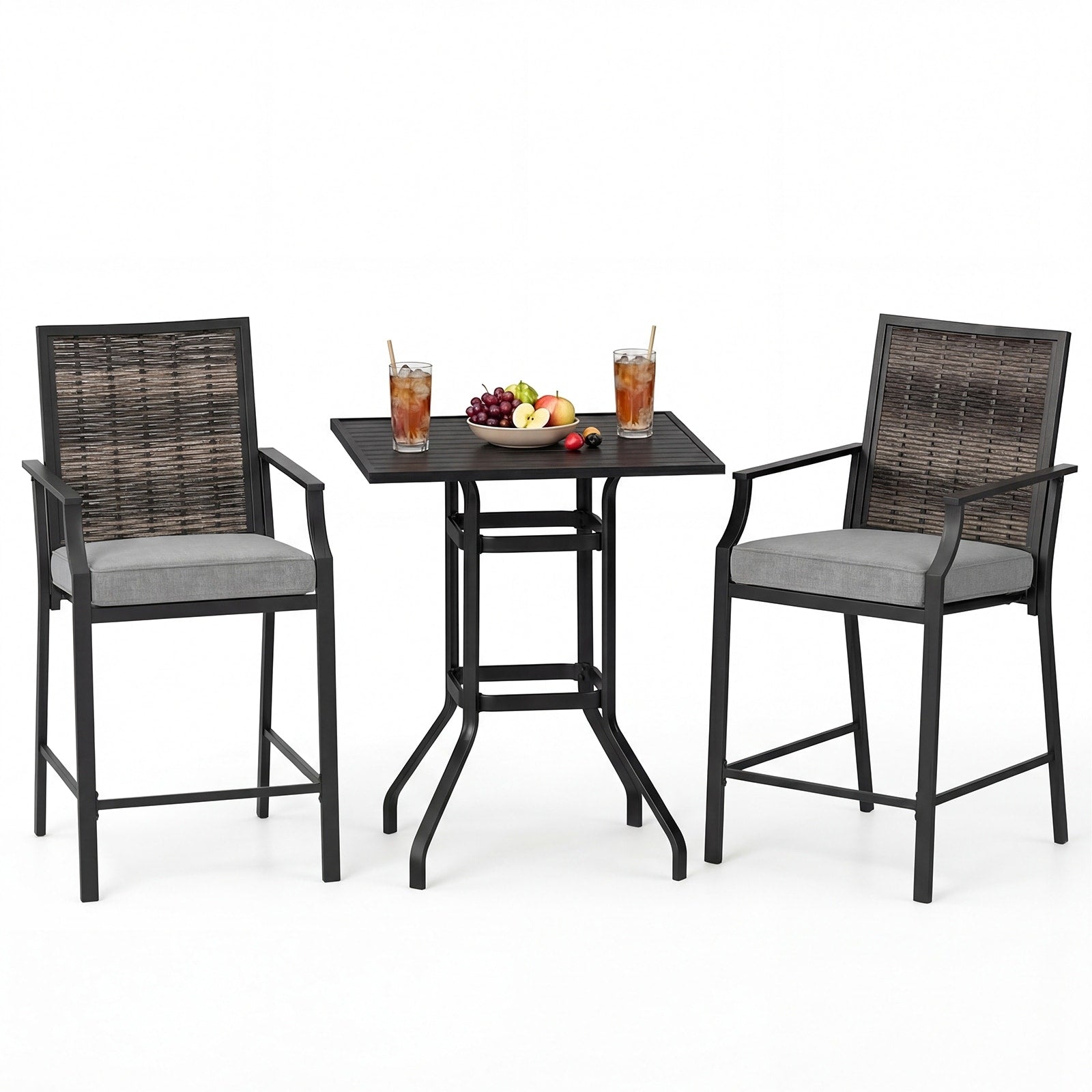Gymax 3Pcs Outdoor Bar Set High Top Patio Bar Table Rattan Wicker