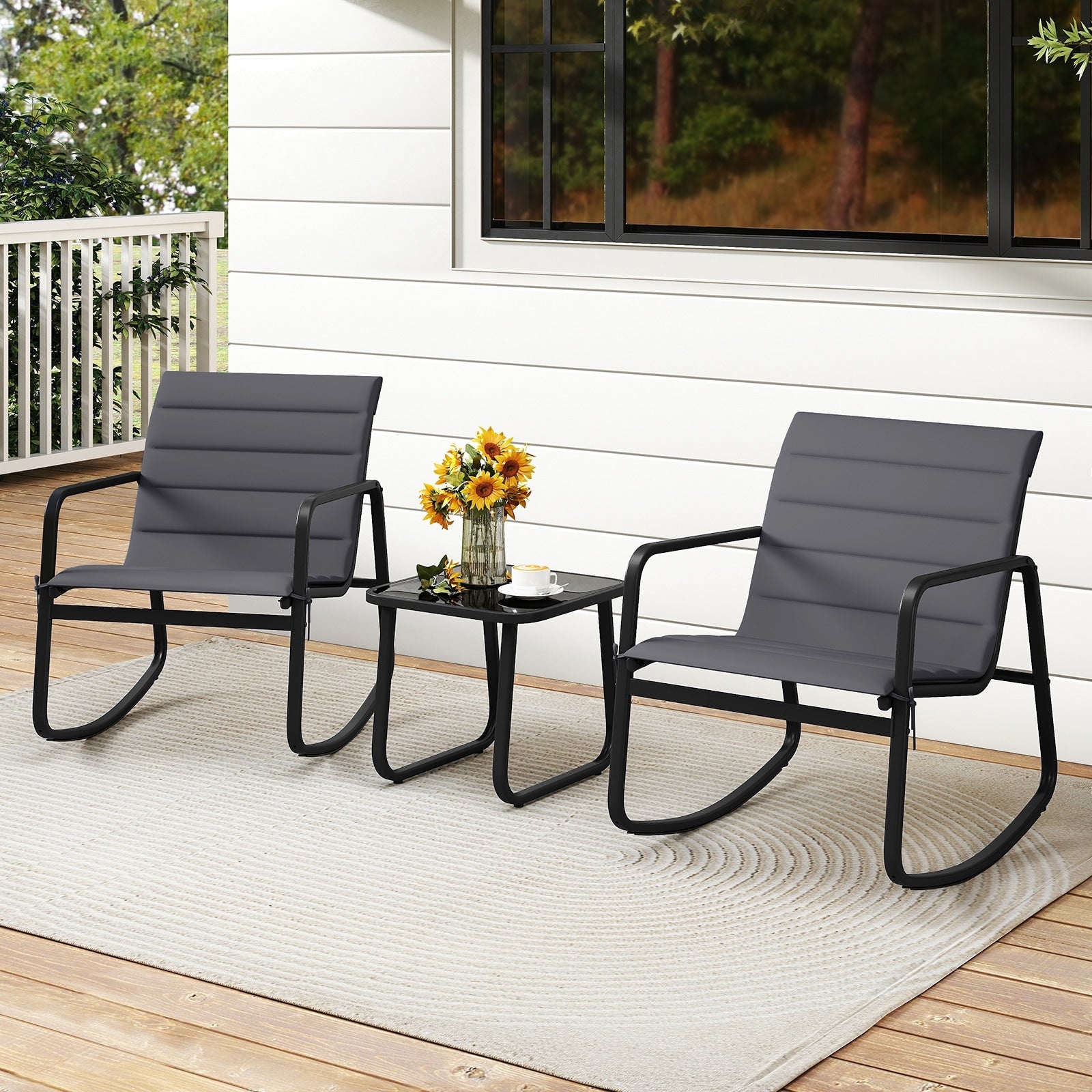 Gymax 3Pcs Outdoor Rocking Bistro Set W Tempered Glass Table Soft