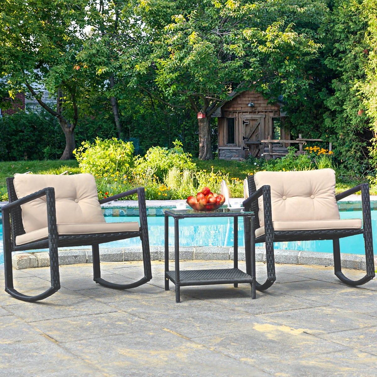 Gymax 3Pcs Rattan Rocking Chair Table Set Patio Furniture Set W