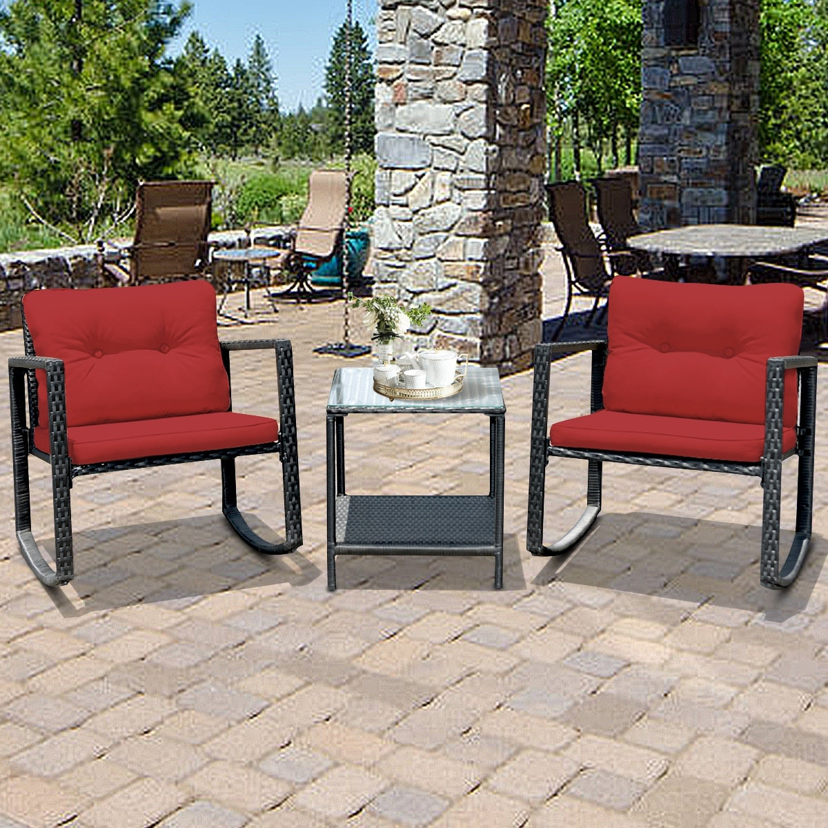 Gymax 3Pcs Rattan Rocking Chair Table Set Patio Furniture Set W