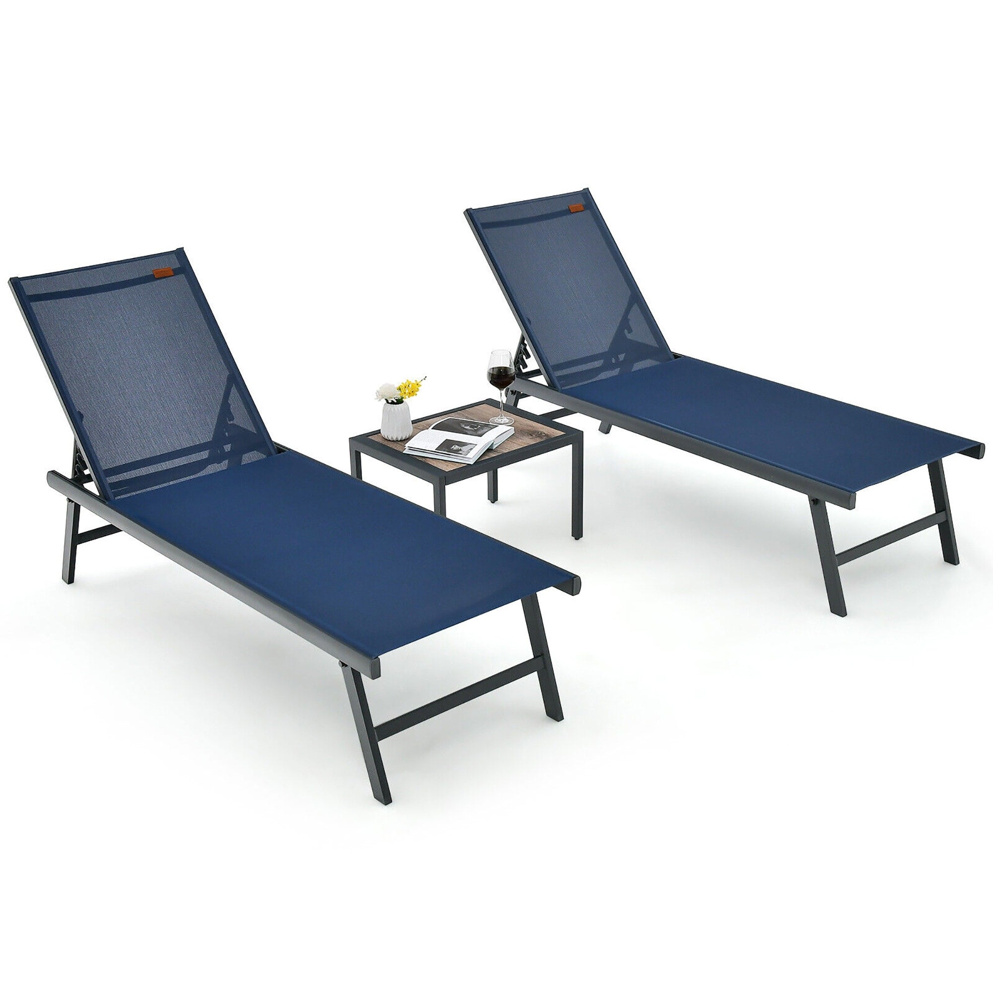 Gymax 3Pcs Patio Chaise Lounge Set Aluminum Recliner Chair Table